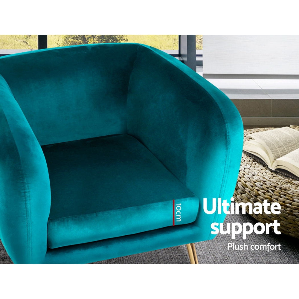 Velvet Green Lounge Armchair - Modern Accent Chair for Living Room, Bedroom & Office - Artiss Comfortable Sofa Armchair with Upholstered Cushions - Perfect for Relaxing, Reading & Decorating Spaces