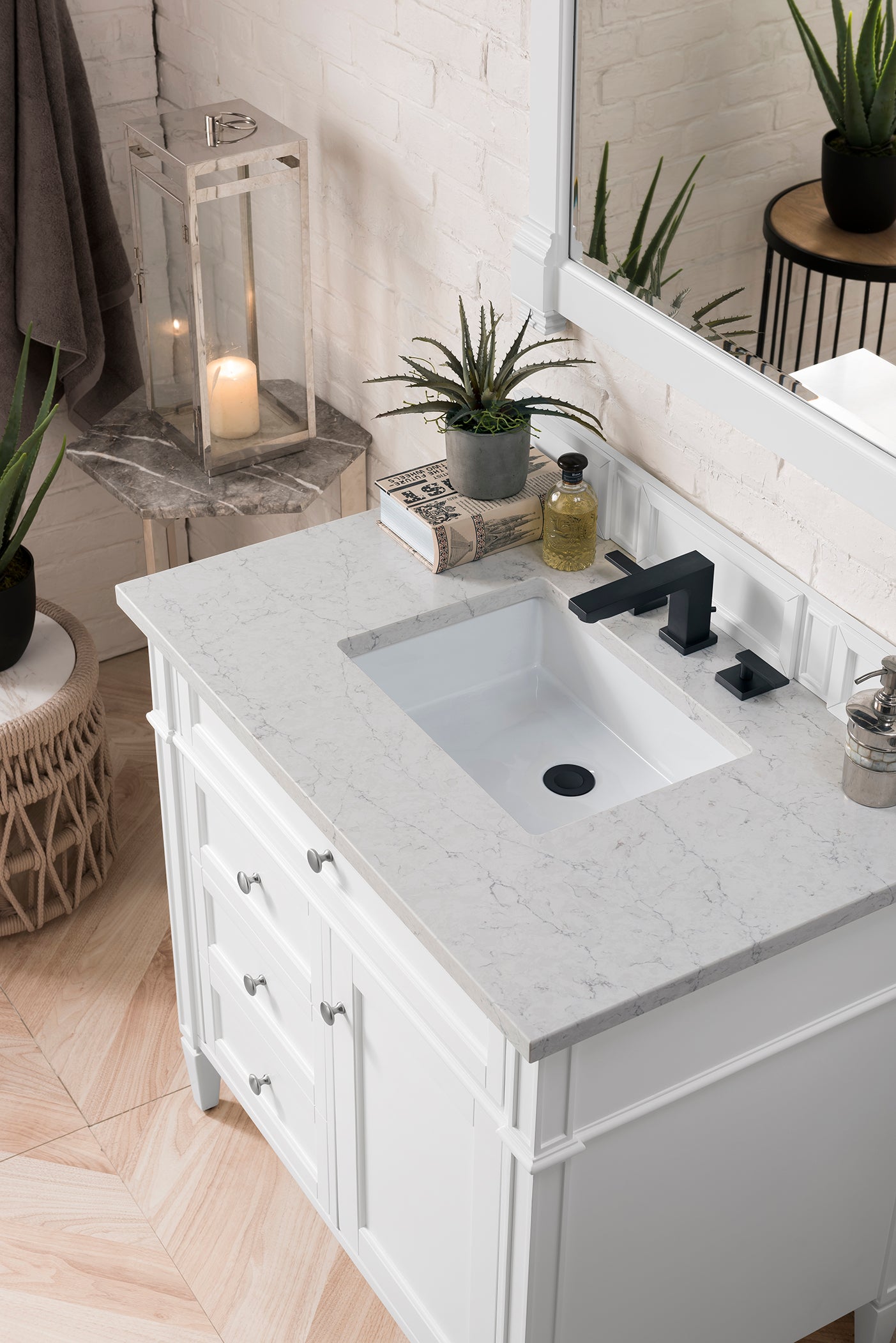 Brittany 36-Inch Bright White Bathroom Vanity with 3CM Eternal Jasmine Pearl Quartz Countertop – Perfect for Modern Master Bath & Powder Room Remodels