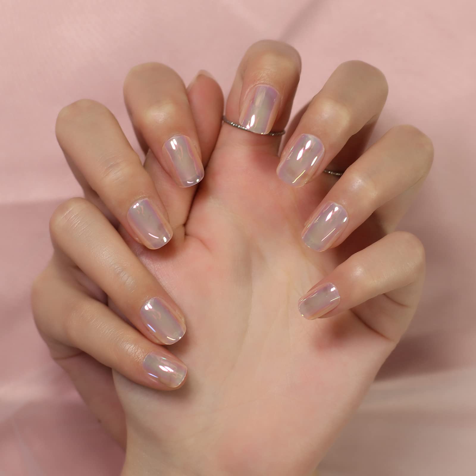 Holographic Press On Nails - 24pcs Short Squoval Fake Nails with Shiny Pearl & Dreamy Cellophane Colors | Perfect for Parties, Weddings, and Everyday Glam