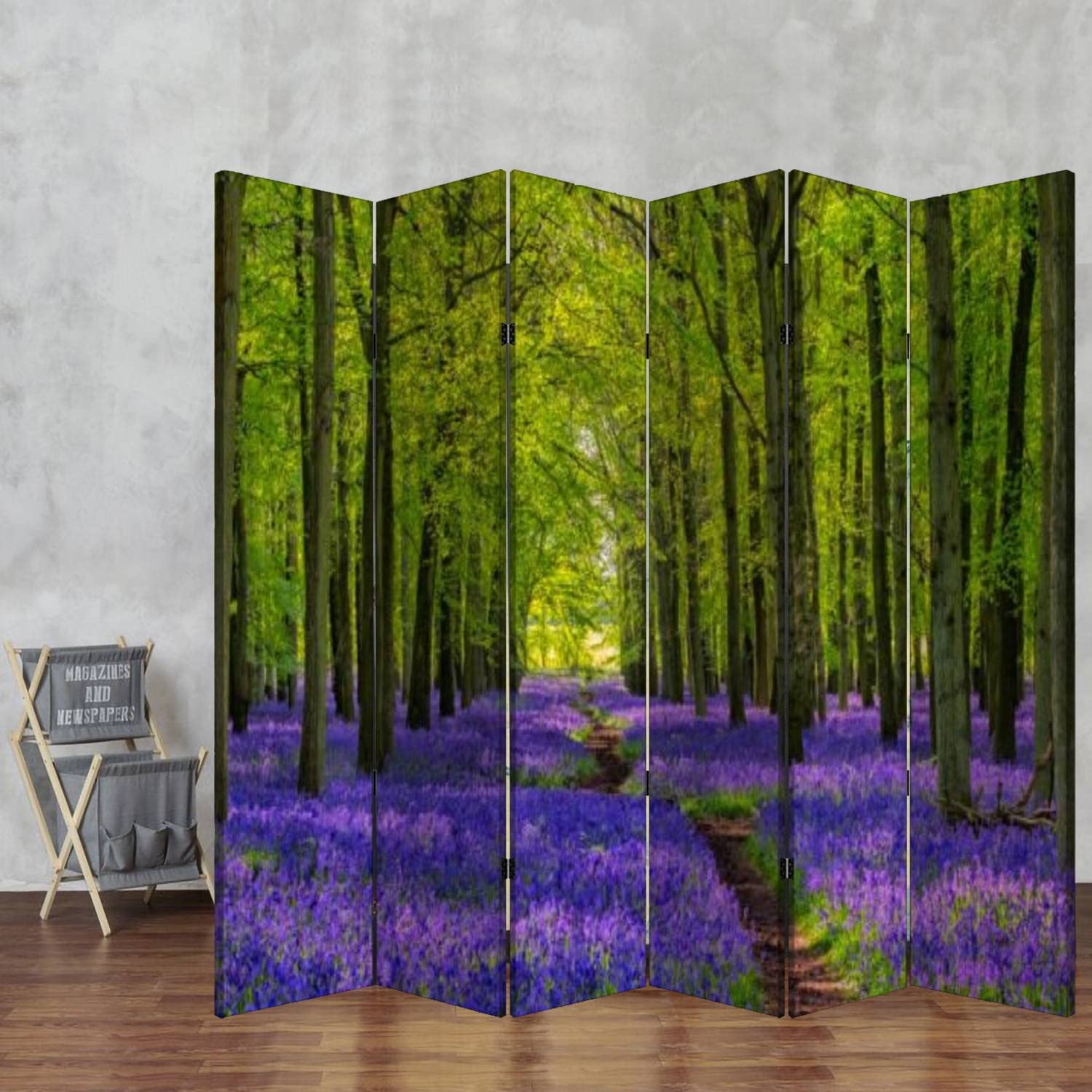 Wooden Folding Room Divider with Bluebells Print - 6-Panel Canvas Privacy Screen, Dual-Sided Partition Wall for Home & Office Decor | Perfect for Living Rooms, Bedrooms, and Studio Spaces