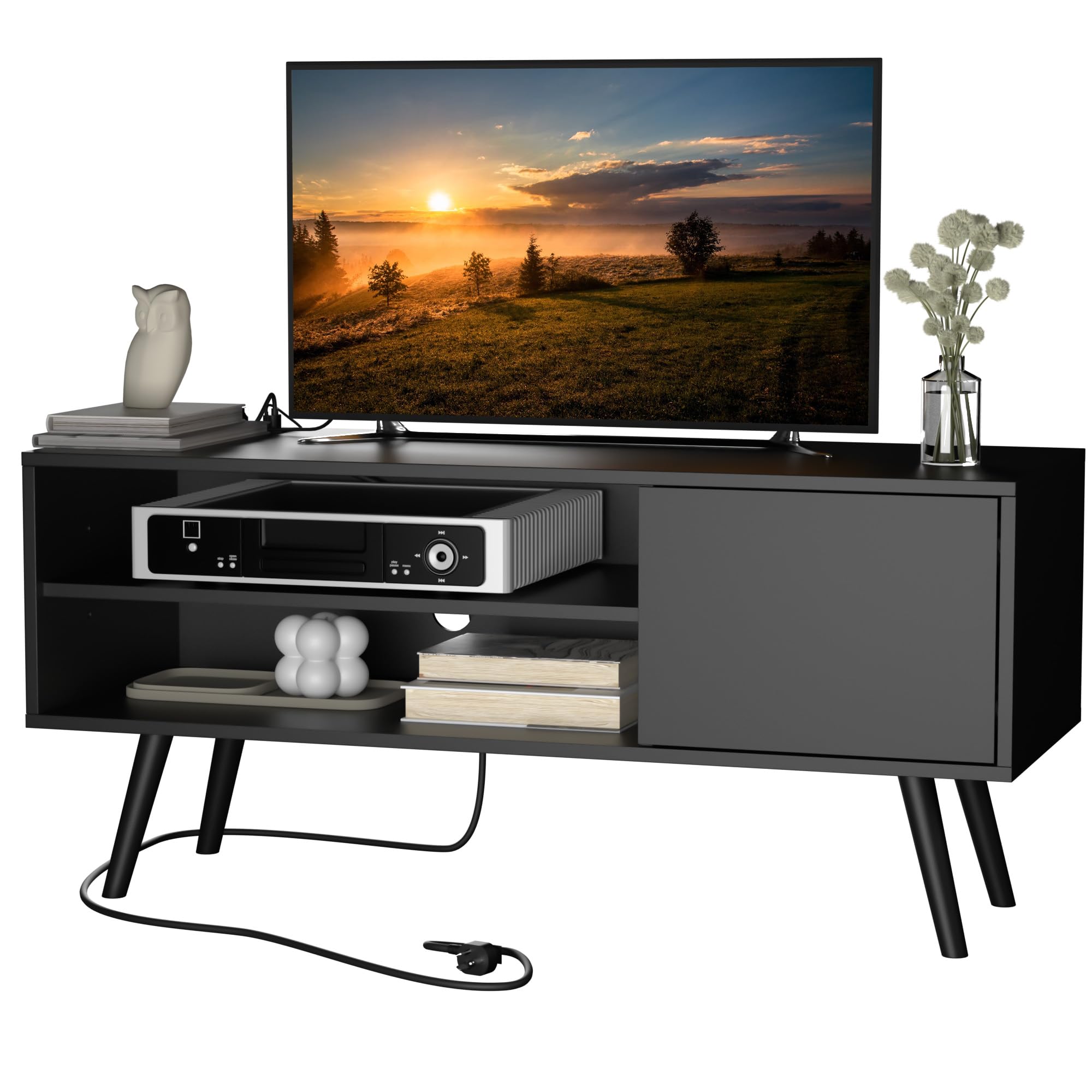 Mid Century Modern TV Stand for 48 Inch TV - Entertainment Center with Storage Cabinet, Media Console for Living Room & Bedroom - Black - Perfect for Small Spaces & Home Theater Setup