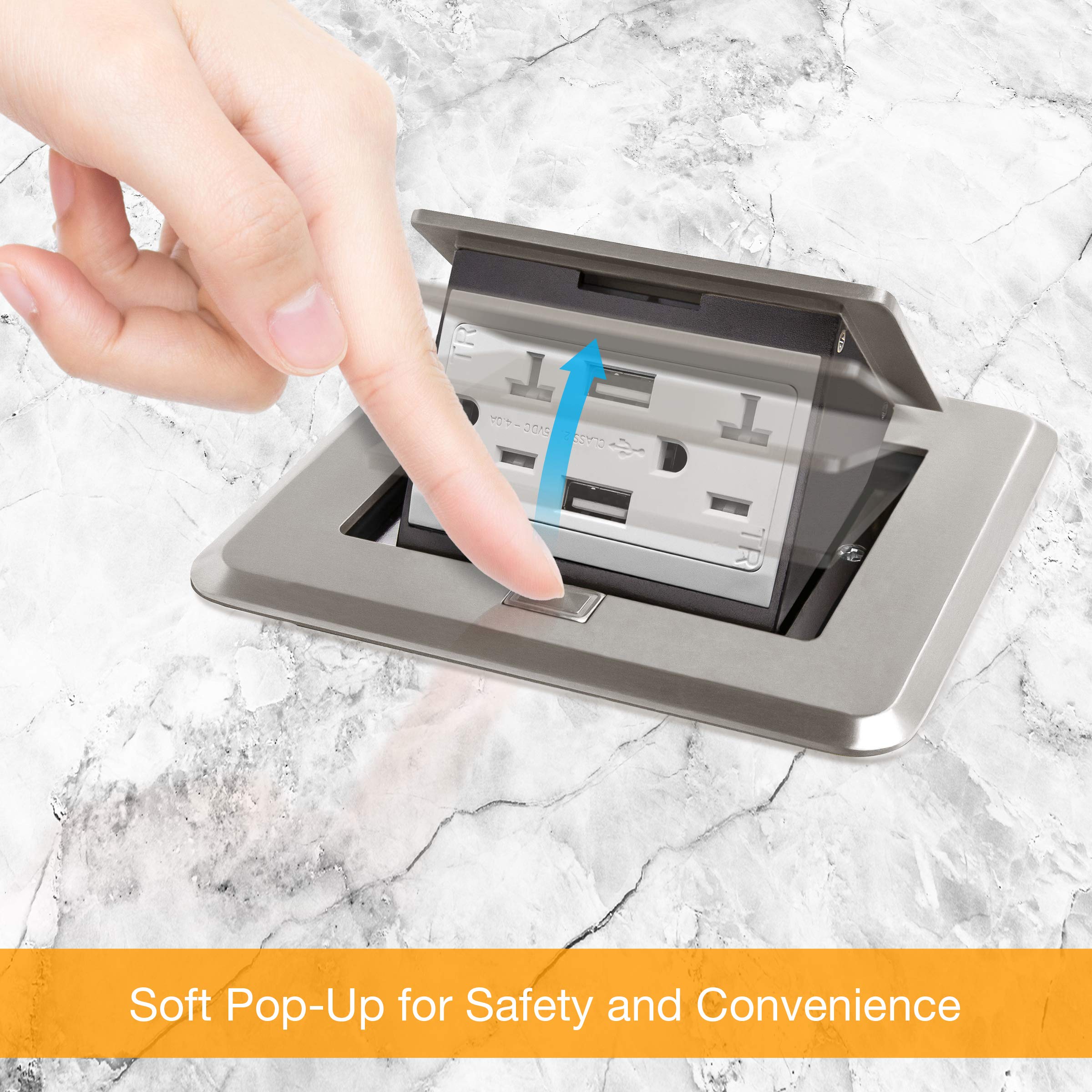 ENERLITES Soft Pop-Up Square Floor Box Kit with 4A USB Charging & 20A Tamper-Proof Weather-Resistant Outlet - Watertight Gasket, Corrosion-Resistant Nickel Plated Brass Cover (Model 961248-S-USB) - Ideal for Outdoor Patios, Decks & Commercial Spaces