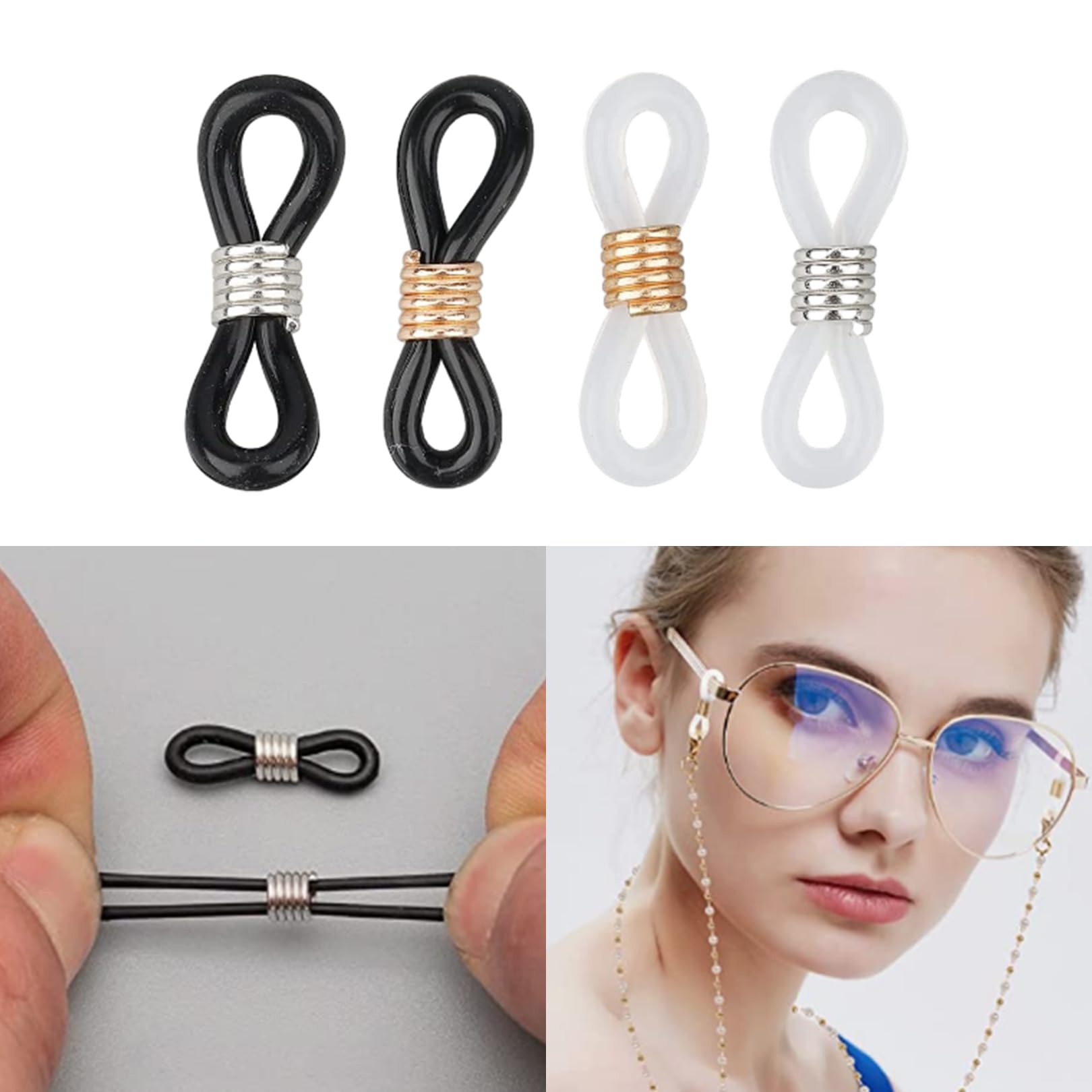 Jeufun 20pcs Adjustable Eyeglass Chains with Silicone Connectors - Anti-Slip Glasses Retainer Ends for Necklace Straps - Perfect for Reading, Sports, and Outdoor Activities