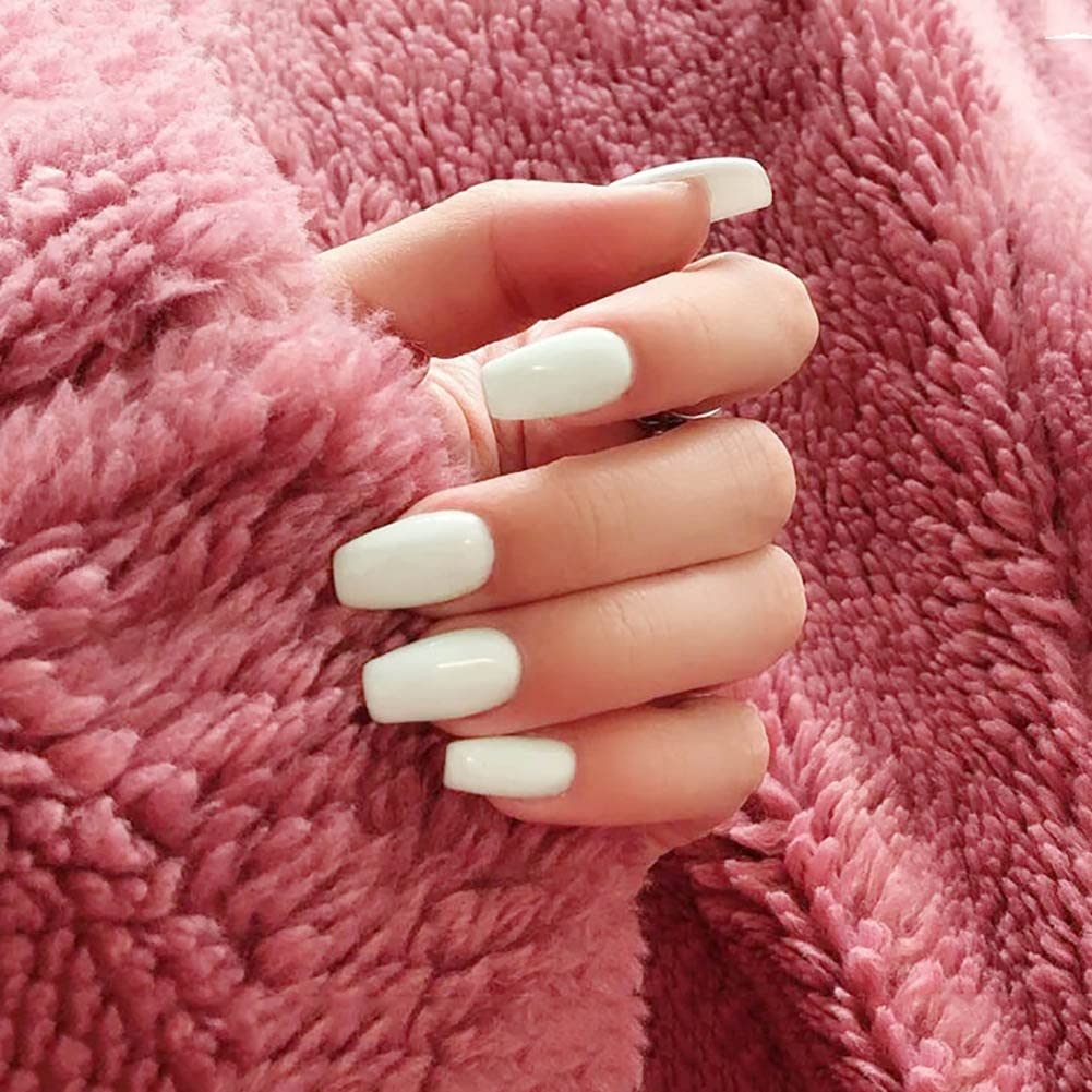 Wedity 24 PCS Short Square Coffin Press on Nails - White Fake Nails with Jelly Glue for Daily Wear, Artificial Nails for Women, Easy to Apply False Nails - Perfect for Parties, Weddings & Everyday Style