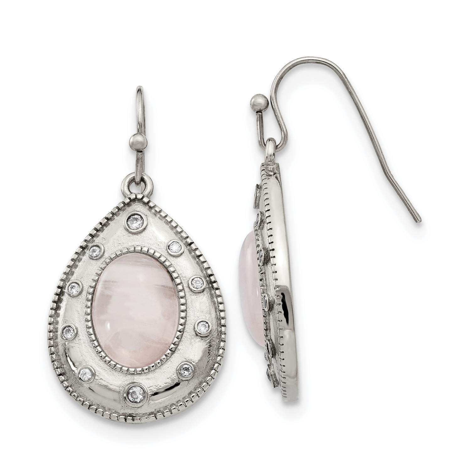 Stainless Steel Polished Rose Quartz & CZ Shepherd Hook Earrings for Women - Elegant Dangle Earrings for Date Night, Wedding & Party Jewelry