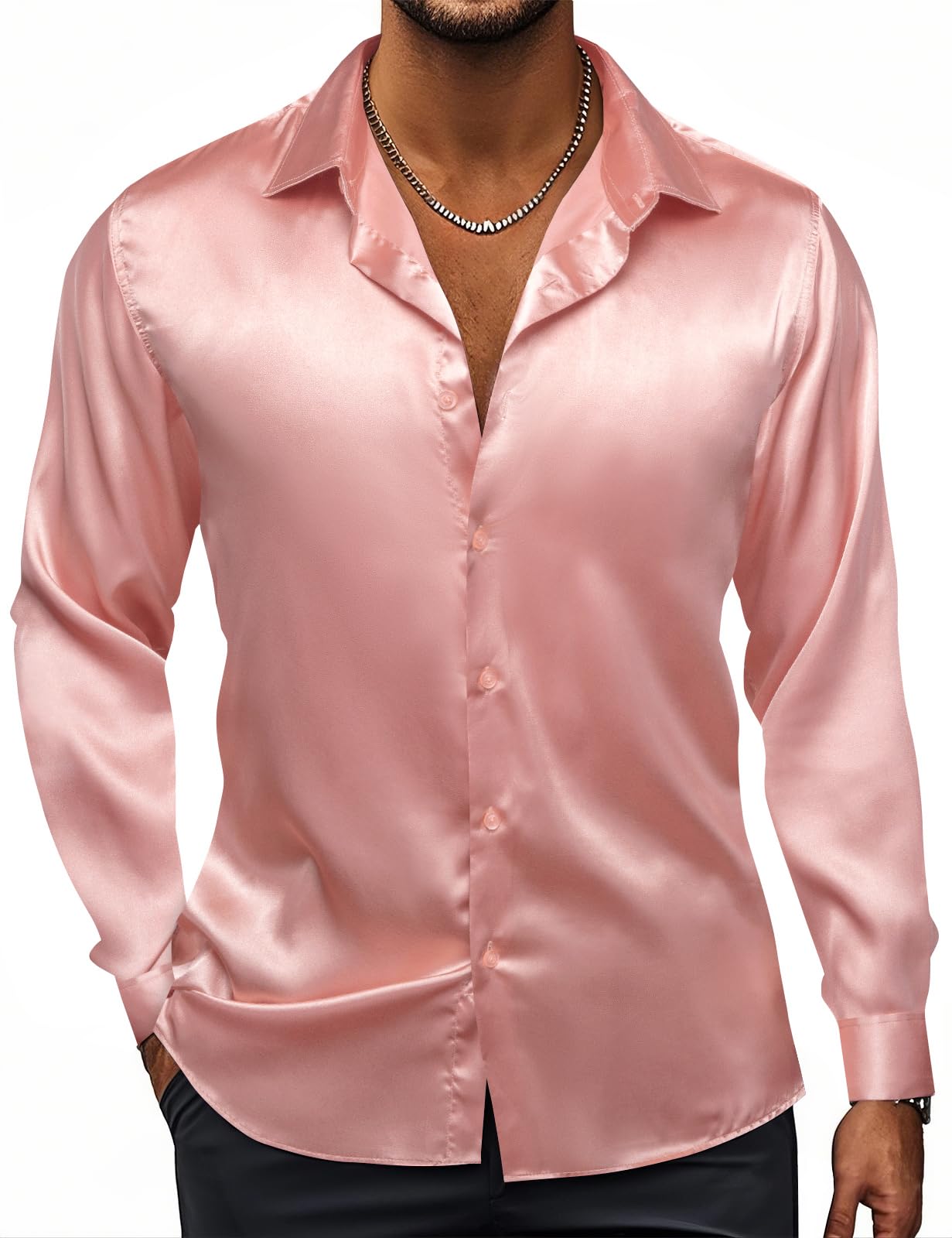 Premium Satin Men's Dress Shirts - Long Sleeve Formal Button Down Shirt for Business, Wedding & Party - Classic Fit Comfortable Office Wear