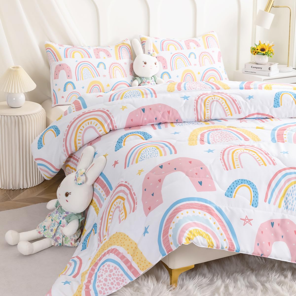 Rainbow Twin Comforter Set for Girls - Pink & Yellow Star Pattern Bedding - 3 Piece Set with 1 Comforter & 2 Pillow Shams - Soft Kids Bedroom Decor for Teen Girls Room, Dorm, Sleepovers & Birthday Gifts