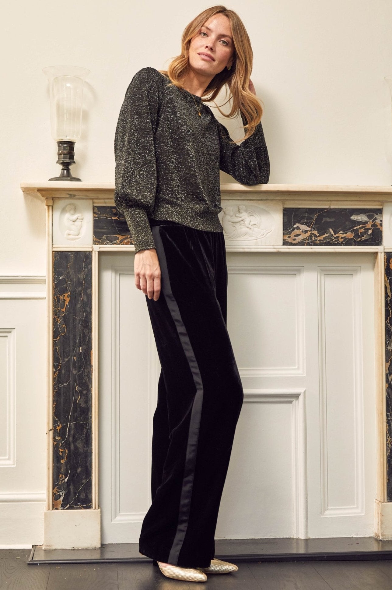 Velvet Side Stripe Trousers for Women - High Waist Black Dress Pants with Elastic Waistband | Elegant Office Work Pants & Night Out Bottoms
