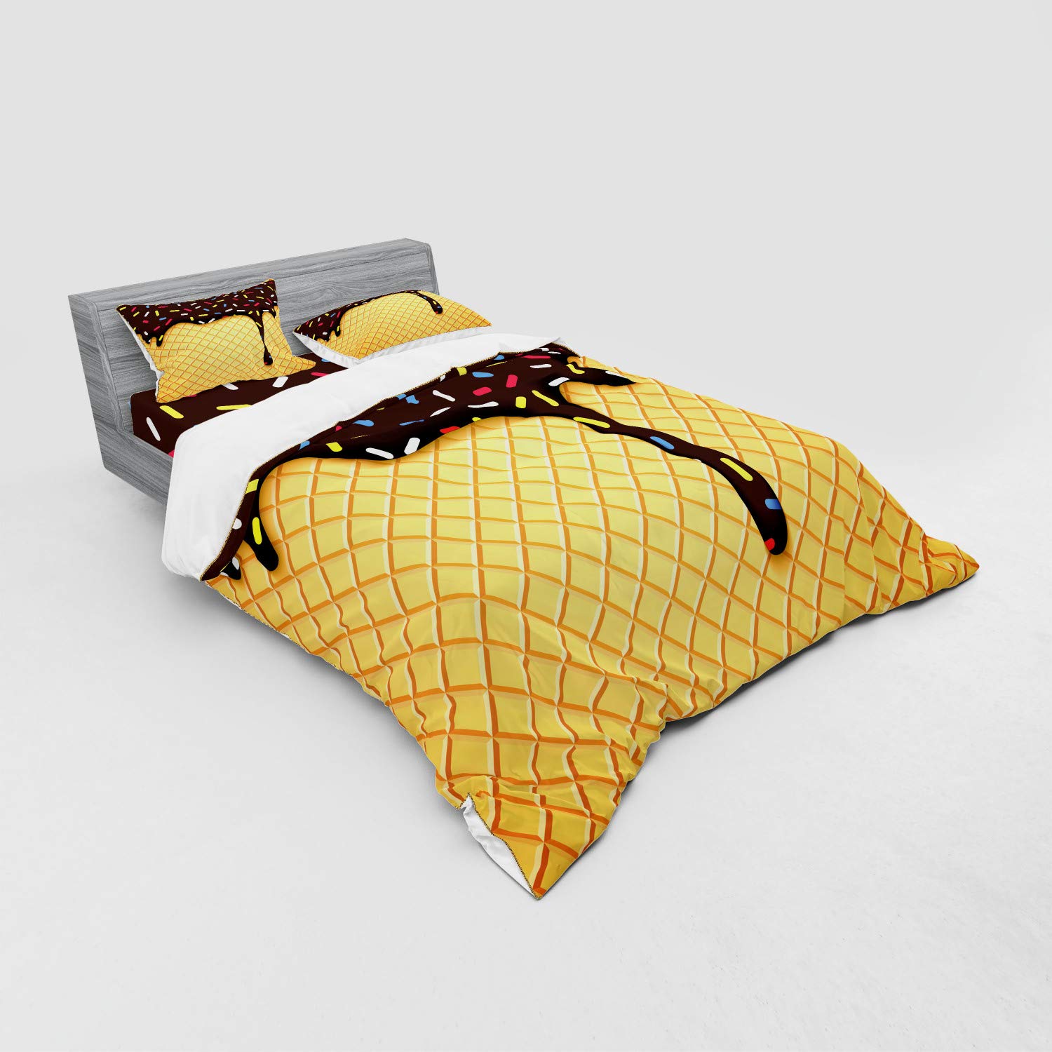 Ambesonne Ice Cream Duvet Cover Set - Waffle Chocolate Flavor Dessert Design, 4 Piece Queen Size Bedding Set with Shams & Fitted Sheet in Dark Brown Mustard | Sweet Themed Bedroom Decor for Kids & Teens | Perfect for Ice Cream Lovers & Dessert Themed Rooms