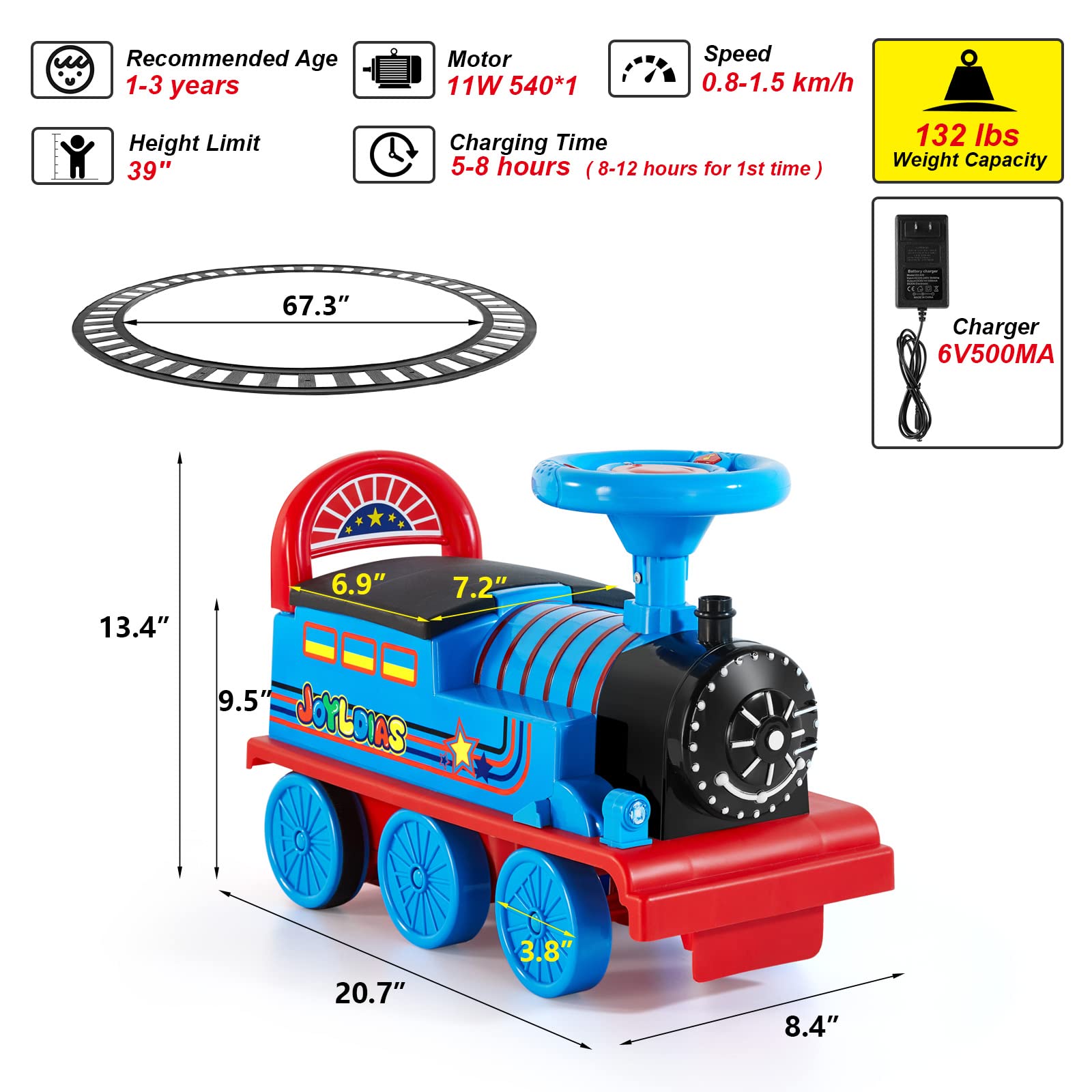 JOYLDIAS 6V Electric Ride On Train Toy for Kids - 16pcs Curved Tracks, LED Lights & Horn, Storage Basket, Retractable Foot Pedals - Best Gift for Toddlers Under 39 Inches (Blue) | Perfect for Indoor Playrooms & Backyard Fun