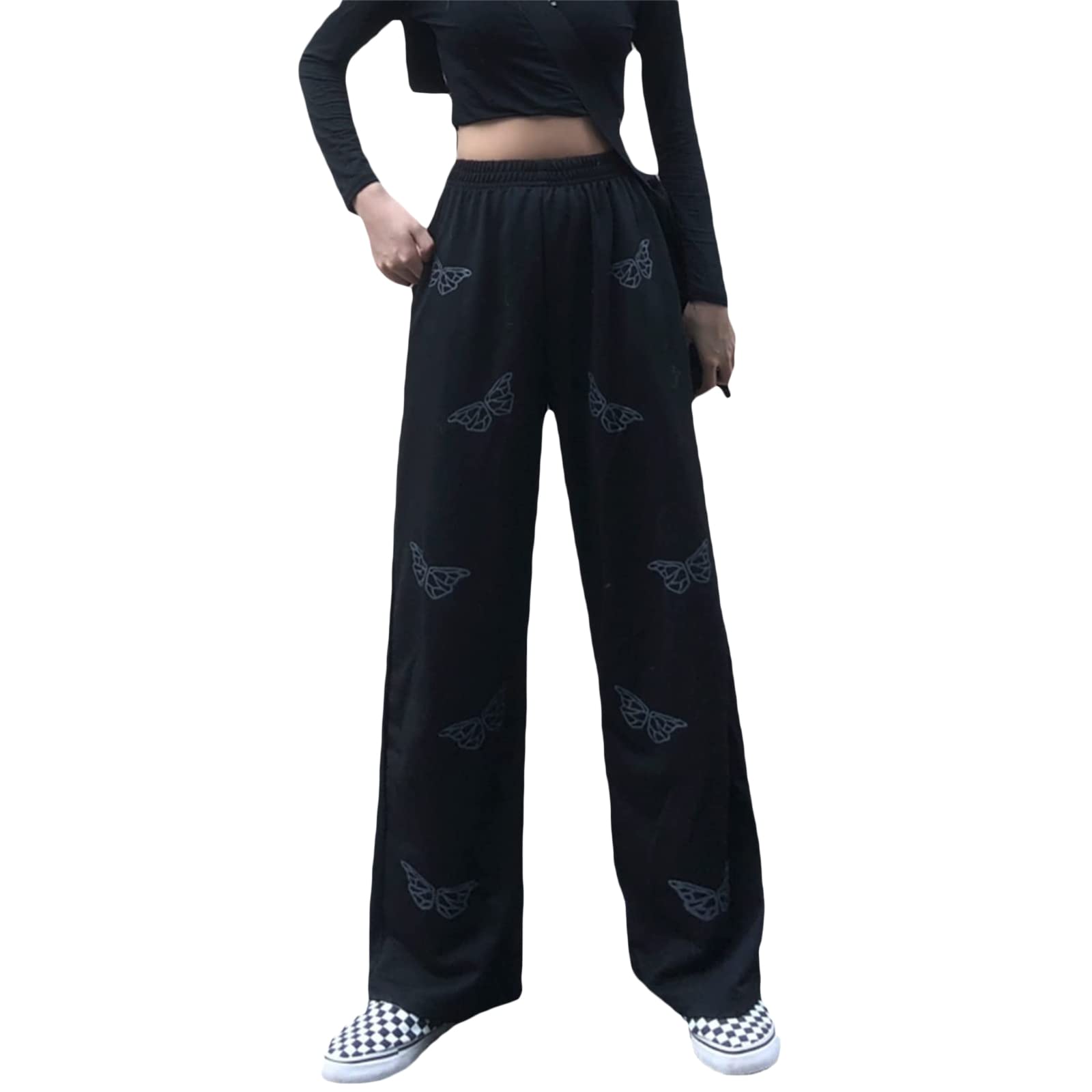 Women's Casual Butterfly Print High Waist Sweatpants - Wide Leg Straight Trousers for E-Girl Streetwear | Comfortable Lounge Pants for Yoga, Running Errands & Trendy Outfits