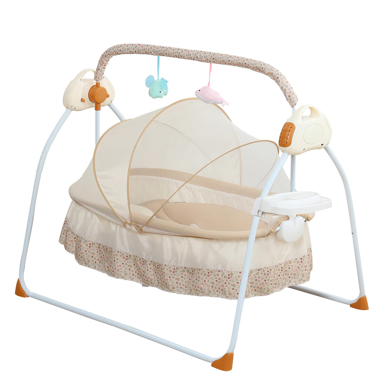 Portable Baby Swing for Infants to Toddlers - Foldable Electric Baby Rocker with Remote Control, 5 Adjustable Swing Speeds, Music & Timer - Perfect for Nursery, Travel & Soothing Fussy Babies (Khaki Stand)