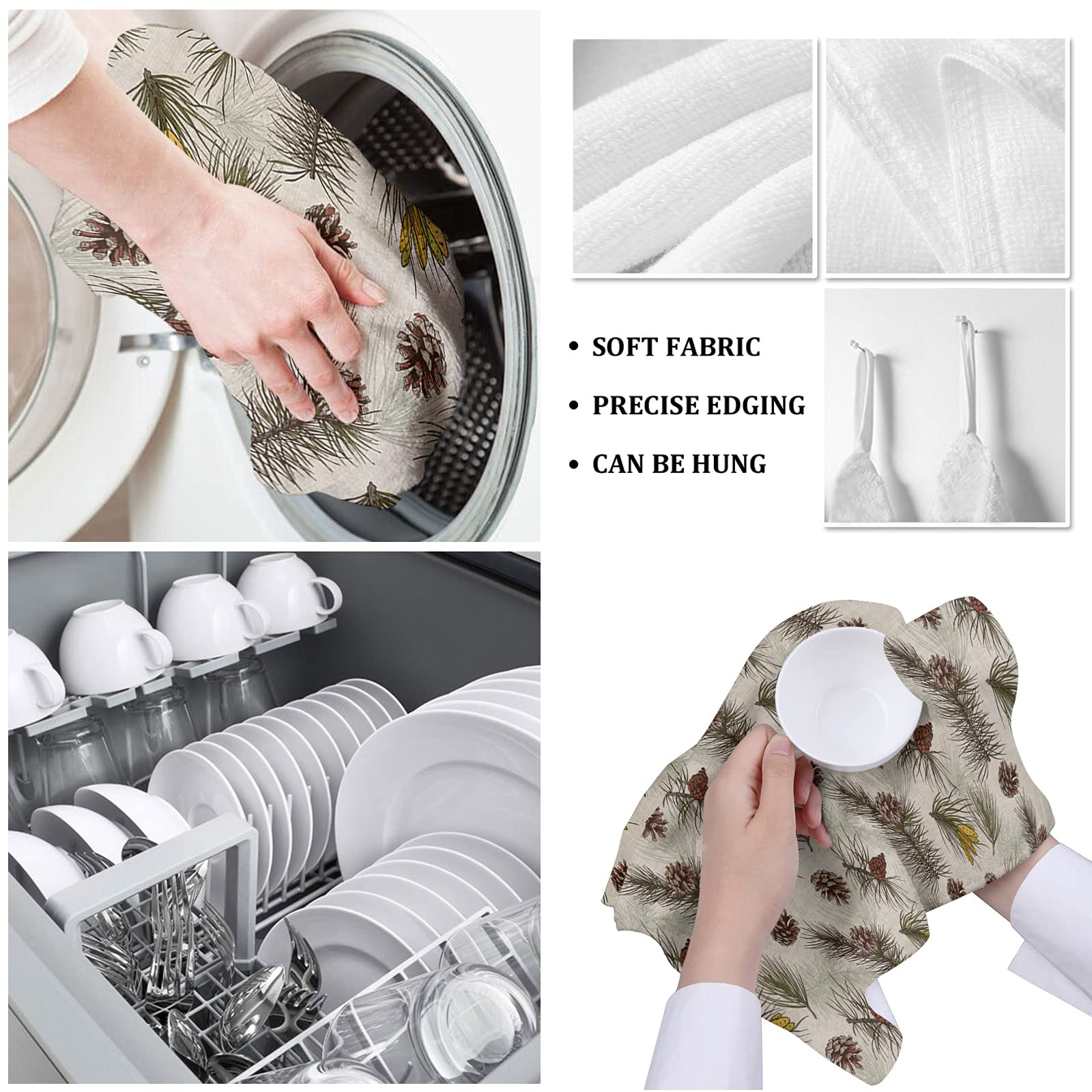 Christmas Pine Cone & Tree Branch Cotton Dish Towels Set - 18x28 Inch Soft Absorbent Kitchen Tea Towels (4-Pack) - Perfect for Holiday Decor, Hand Drying & Festive Backdrop
