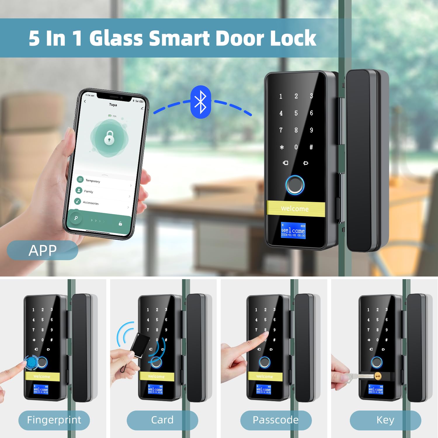 Smart Glass Door Lock - 8-in-1 Keyless Entry Digital Lock with Fingerprint & Keypad - Auto Lock for Glass Front Doors - Ideal for Home, Office & Hotel Security (Easy Installation & Modern Design)