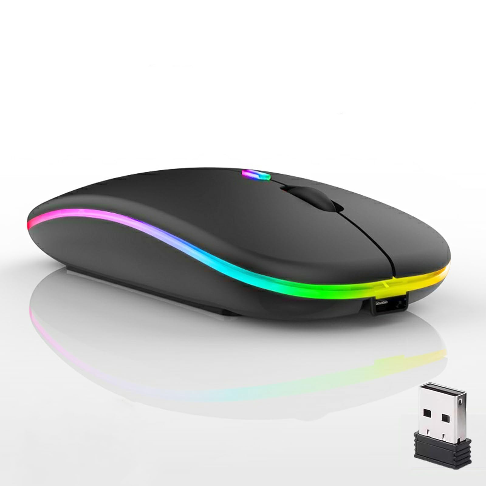 Wireless Bluetooth Mouse, Rechargeable Silent Slim Mouse with LED Indicator, Dual Mode (BT5.2 + USB Receiver) for Laptop, Desktop, iPad, Tablet, Phone & TV - Perfect for Office, Home & Travel Use (Black)