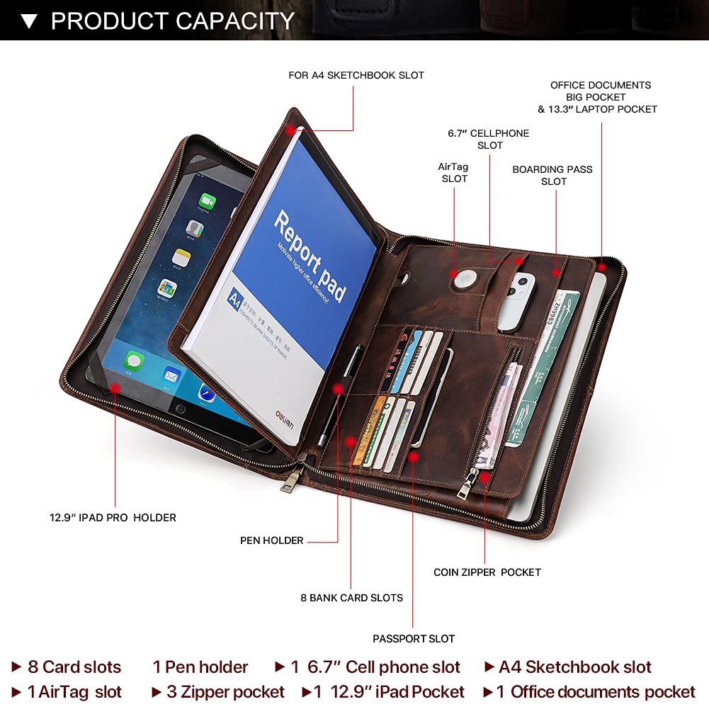 Premium Genuine Leather Travel Portfolio for iPad Pro 12.9