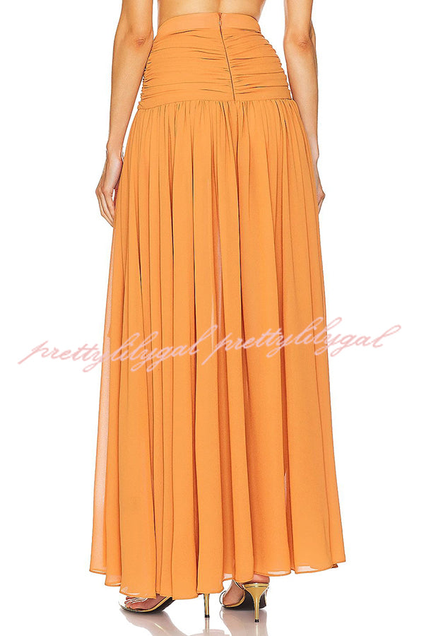 Vacation Chic Chiffon High Rise Flowy Asymmetrical Drape Maxi Skirt - Women's Elegant Beach Cover Up Skirt for Summer Travel, Boho Outfits & Resort Wear