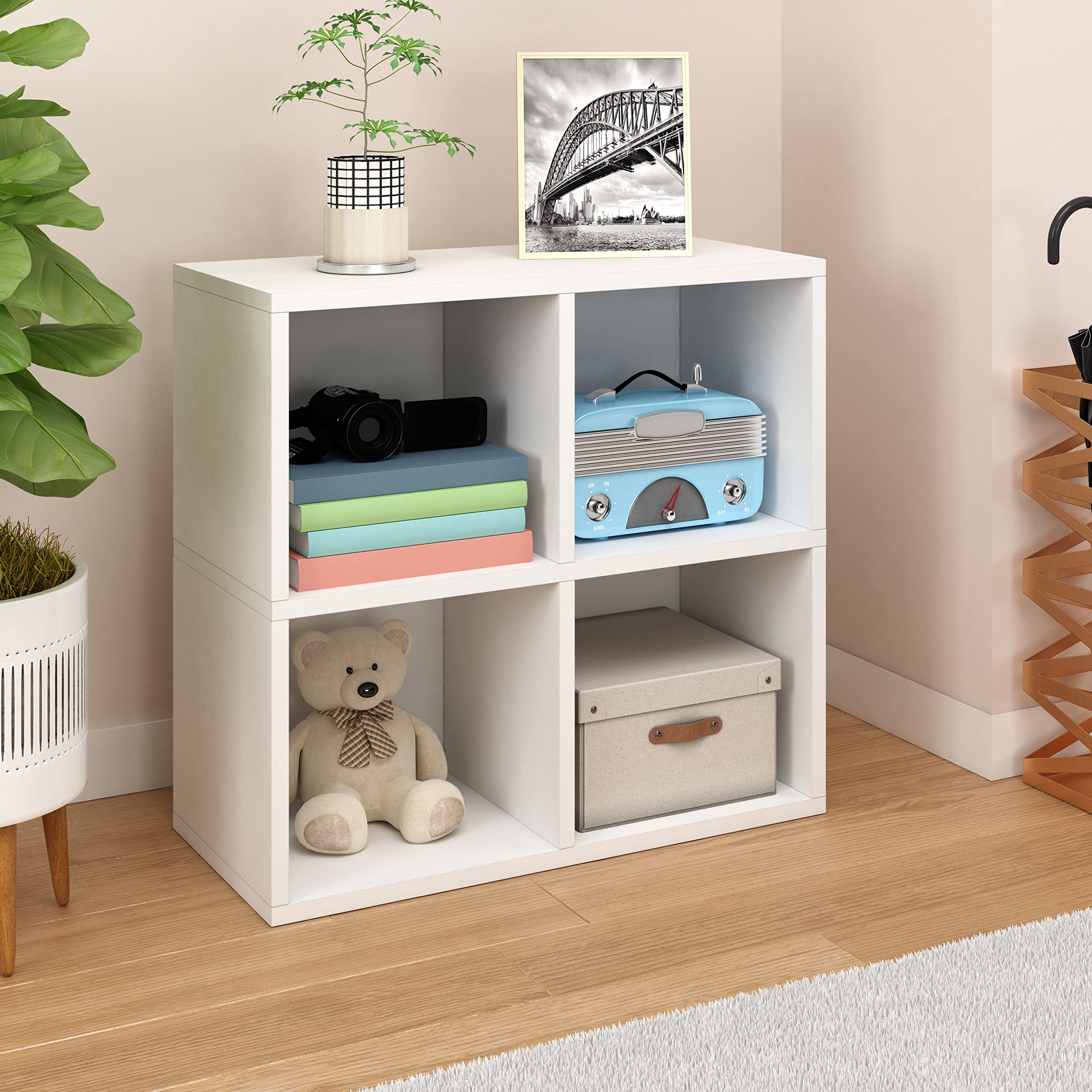 Way Basics 4-Cube Bookshelf Organizer - Modern Wood Storage Shelf for Bedroom, Closet & Office - Stackable Cube Shelving Unit for Books, Toys & Home Decor