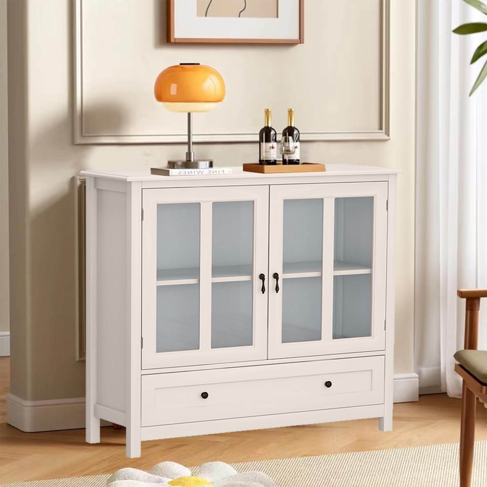 Henf Kitchen Sideboard Buffet Storage Cabinet - Freestanding Floor Cupboard with Double Glass Doors, Drawer & Adjustable Shelves | Perfect for Dining Room, Kitchen Storage & Home Organization | Ideal for Storing Dishes, Linens & Serving as Buffet Table
