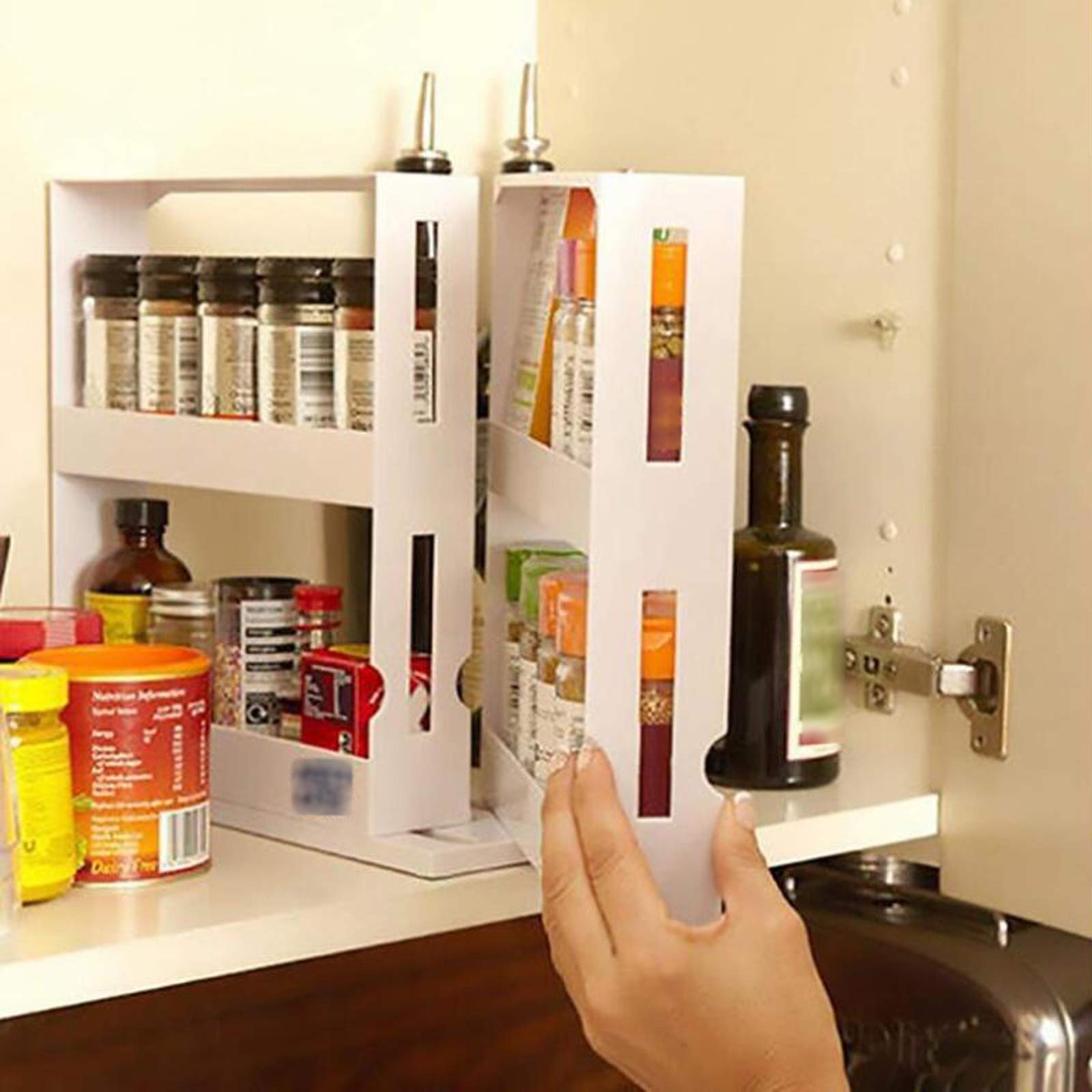 Double Layer Rotating Spice Rack Organizer - Expandable Non-Slip Kitchen Storage Shelf for Seasoning Jars, Condiments & Pantry Items - Perfect for Countertop, Cabinet or Pantry Organization