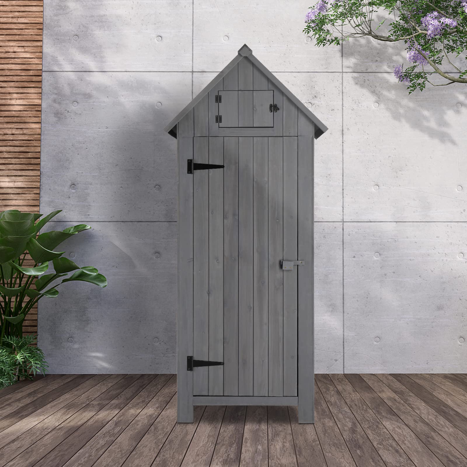 Outvita 70 Inch Waterproof Wooden Outdoor Storage Shed - Lockable Garden Tool Cabinet for Backyard, Lawn & Patio Organization (Grey) | Perfect for Storing Gardening Tools, Lawn Equipment & Seasonal Decor