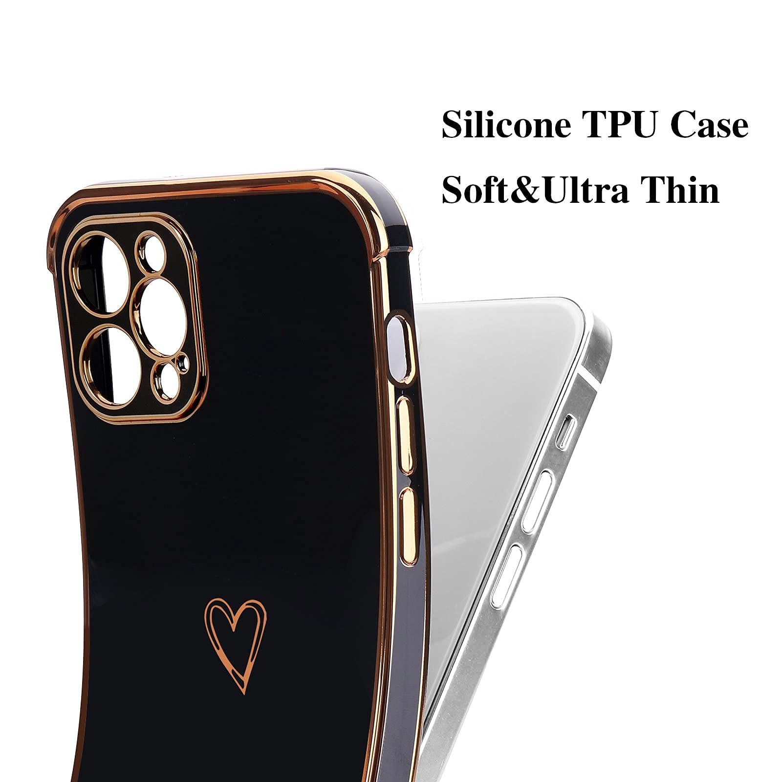 Cute Love Heart iPhone 12 Pro Max Case - Luxury Plating Shockproof Silicone Cover with Camera Protection | Slim Soft Bumper Phone Case for Women & Girls | Perfect for Daily Use, Work, Travel & Gift Giving (Black)