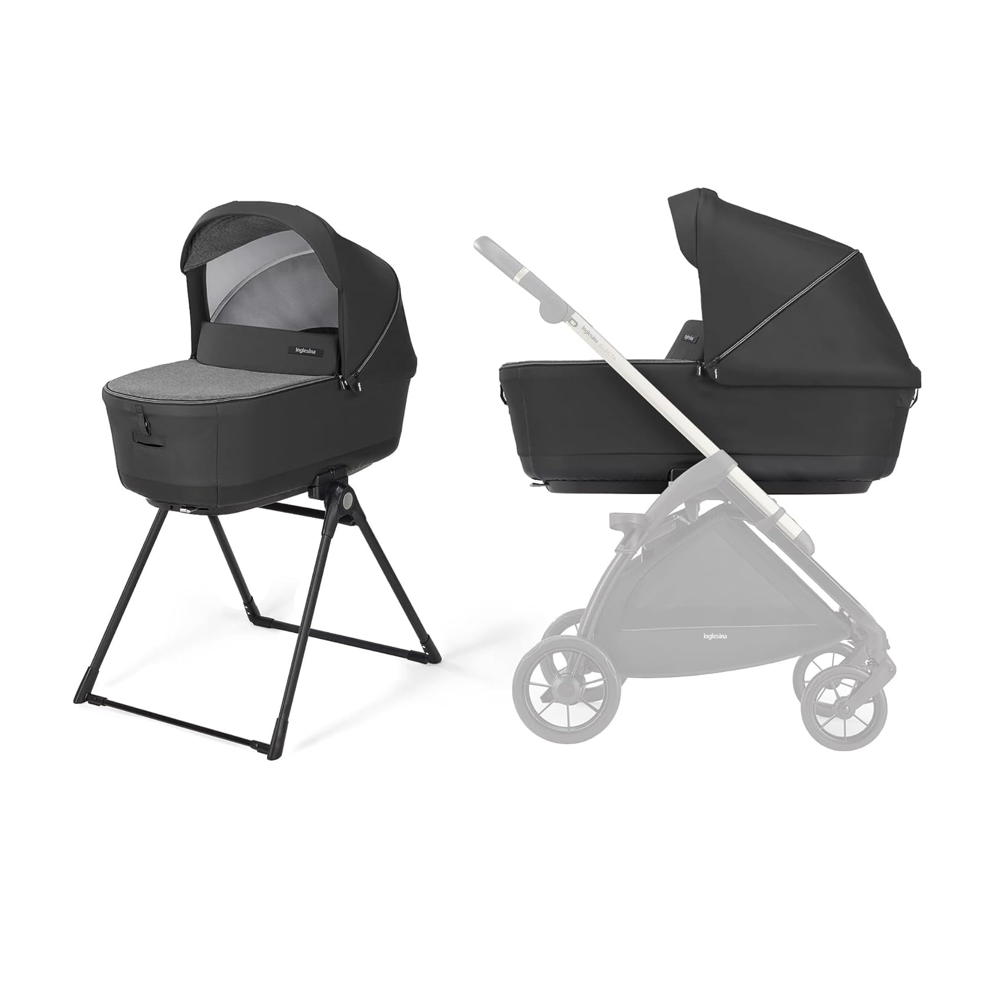 Inglesina Electa Bassinet with Stand for Newborns & Babies up to 6 Months - Breathable Mesh Ventilation System with Canopy & Cover - Compatible with Electa Stroller - Upper Black - Perfect for Overnight Sleeping, Nursery Use & Travel