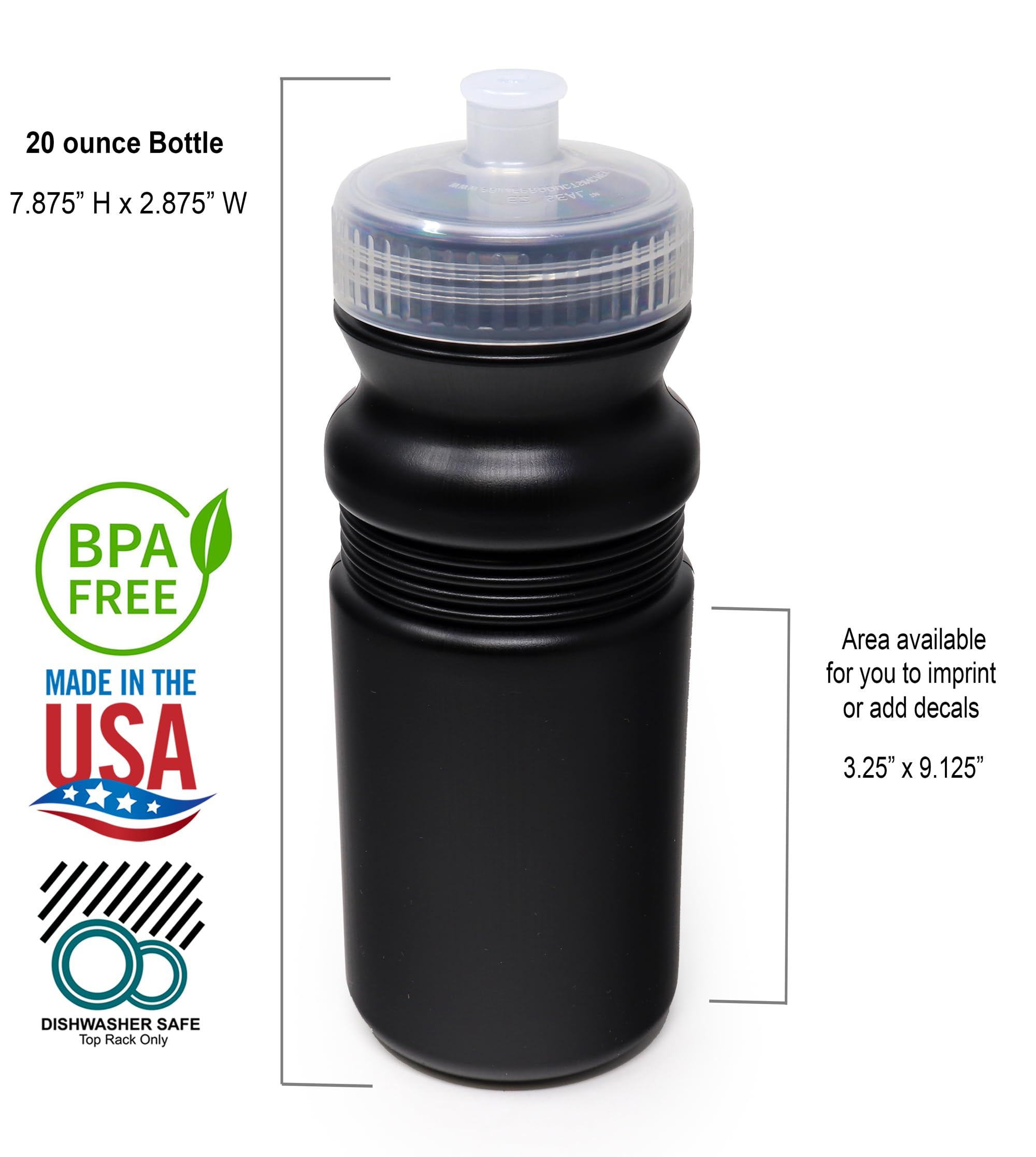 Rolling Sands 20 oz. Bulk Water Bottles 24 Pack - BPA-Free Reusable Plastic Sports Bottles with Easy Open Pull Top Cap | Dishwasher Safe for Adults & Kids | Made in USA (Black Bottles/Clear Lids) | Perfect for Gym, School, Sports & Outdoor Activities