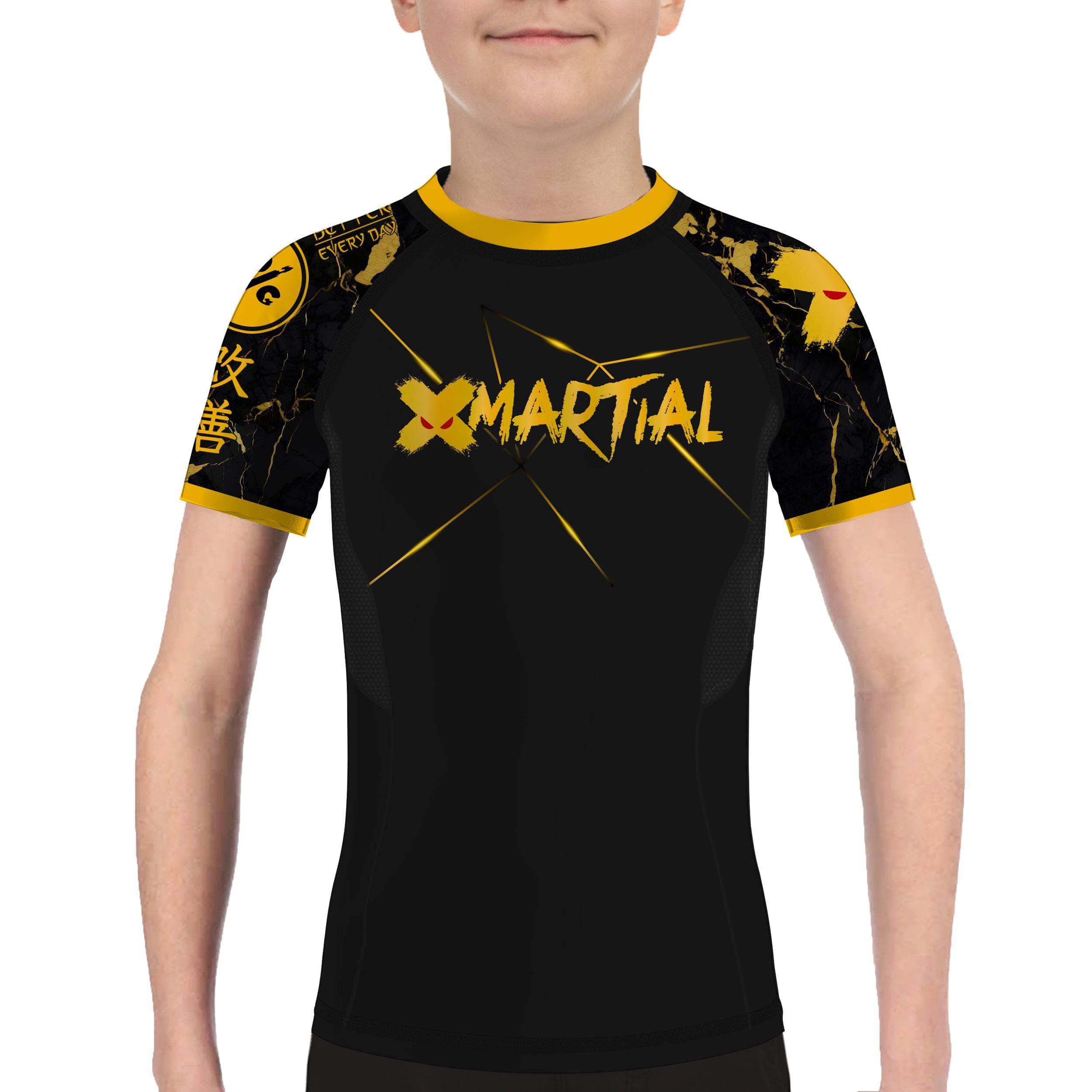 XMartial Voltage Fight Team Kids BJJ Rash Guard - Long Sleeve Compression Shirt for Brazilian Jiu-Jitsu, MMA & Grappling - Moisture Wicking & UV Protection for Youth Training & Competition