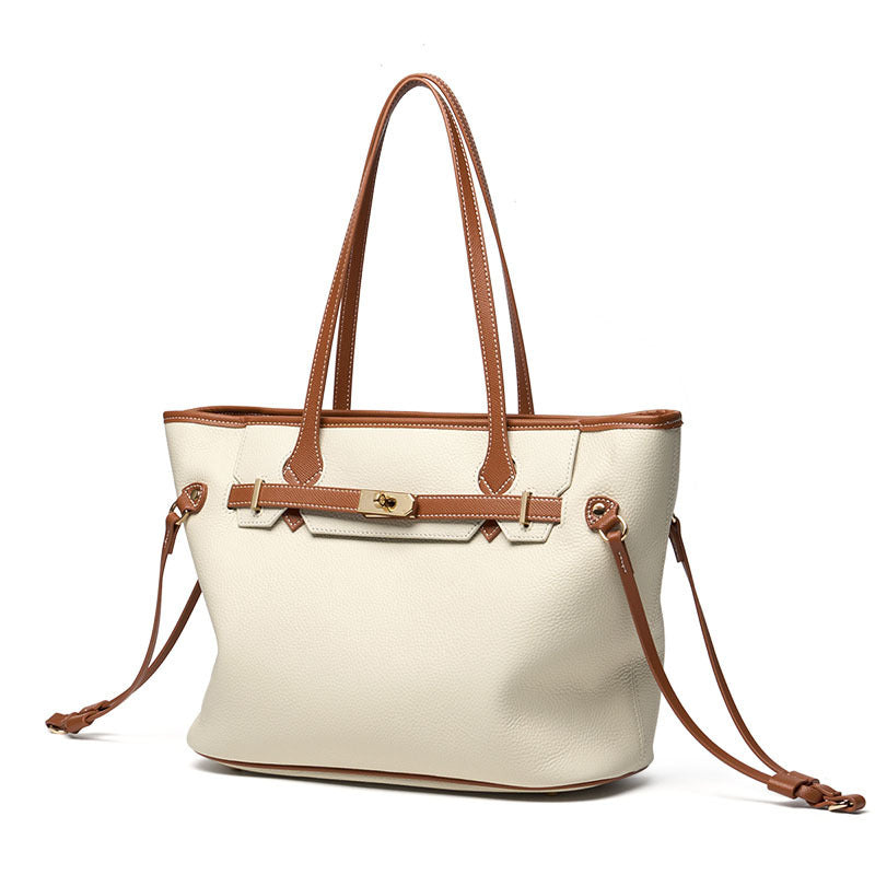 Premium Genuine Leather Tote Bag with Lock Design - Spacious Large Capacity Shoulder Bag for Work, Travel & Everyday Use
