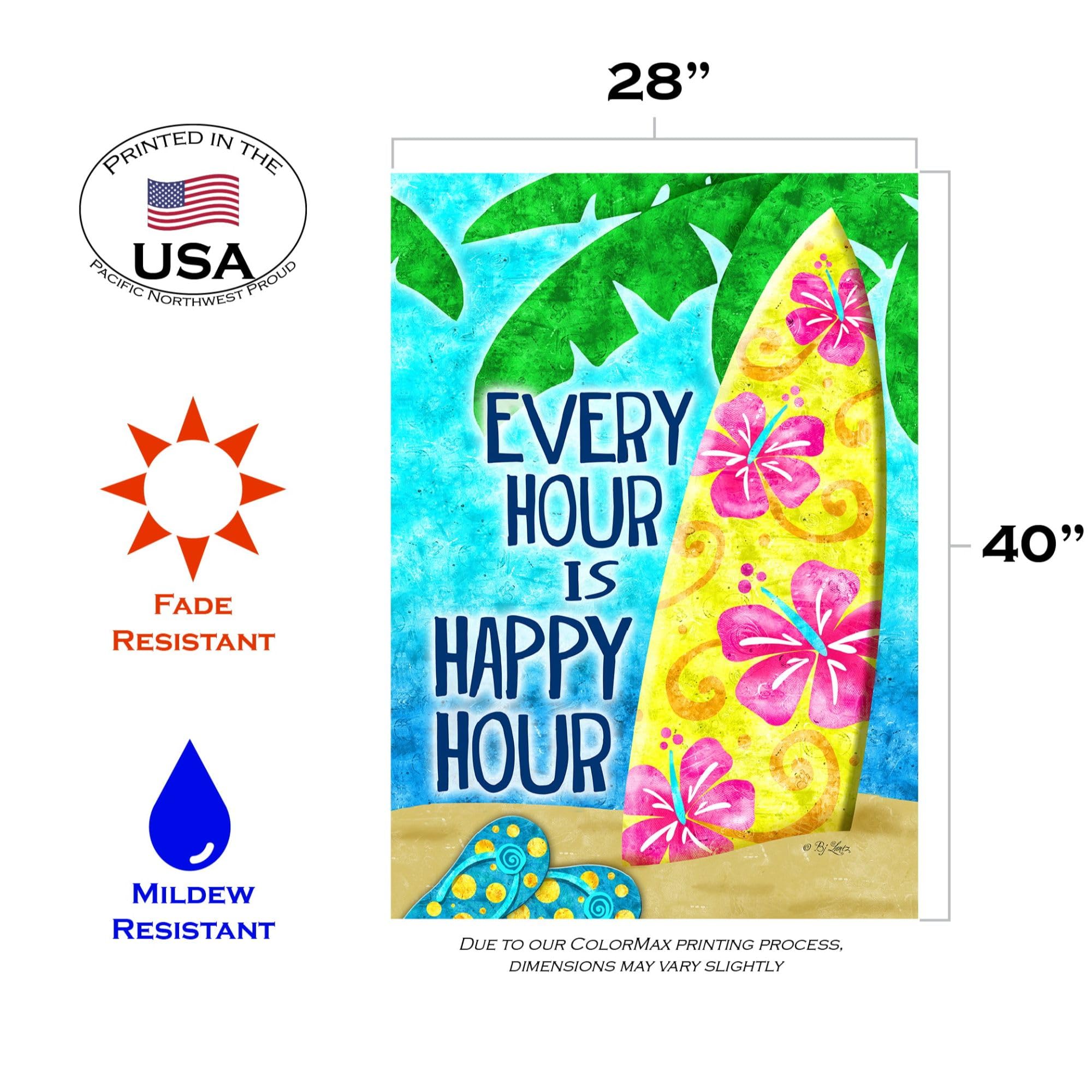 Happy Hour Surf Beach Flag 28x40 Inch - Double Sided Outdoor Garden Flag for Yard Decoration, Housewarming Gift & Coastal Theme Party | Perfect for Beach House, Backyard, Patio & Summer Decor