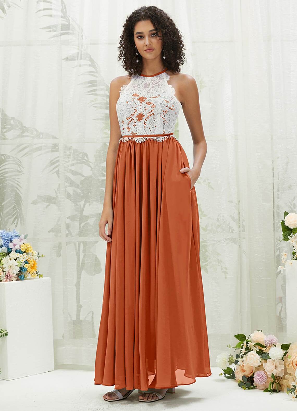 Elegant Burnt Orange Lace Halter Neck Backless Chiffon Slit Bridesmaid Dress - Perfect for Weddings, Parties & Formal Events