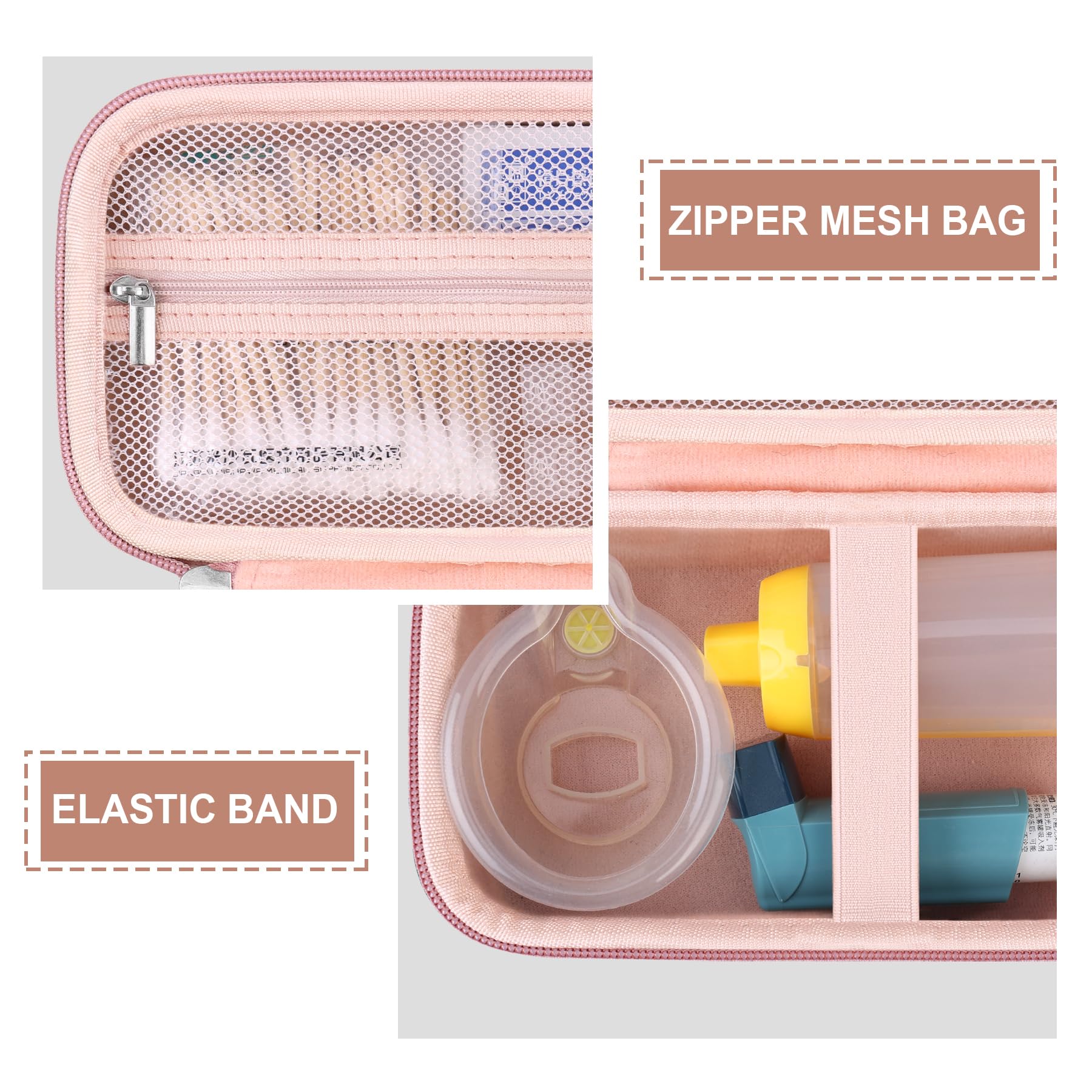 Asthma Inhaler Hard Case with Spacer for Kids & Adults - Travel Organizer with Mesh Pocket for Medication & Accessories (Rose Gold) - Perfect for School, Work & Outdoor Activities