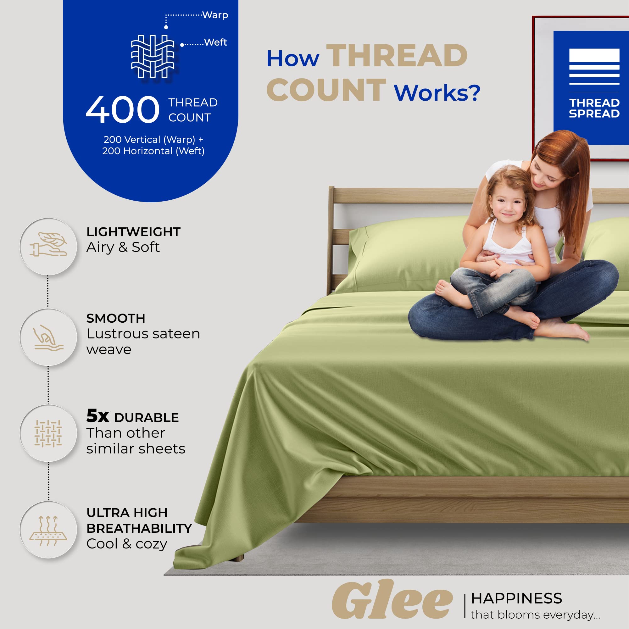 THREAD SPREAD Twin XL Sheet Set - 400 Thread Count 100% Cotton Cooling Sateen Sheets, 3-Piece Luxury Twin XL Bedding for Dorm Room & Guest Bed (Sage Green) | Ultra Soft Breathable Long Staple Cotton for Year-Round Comfort