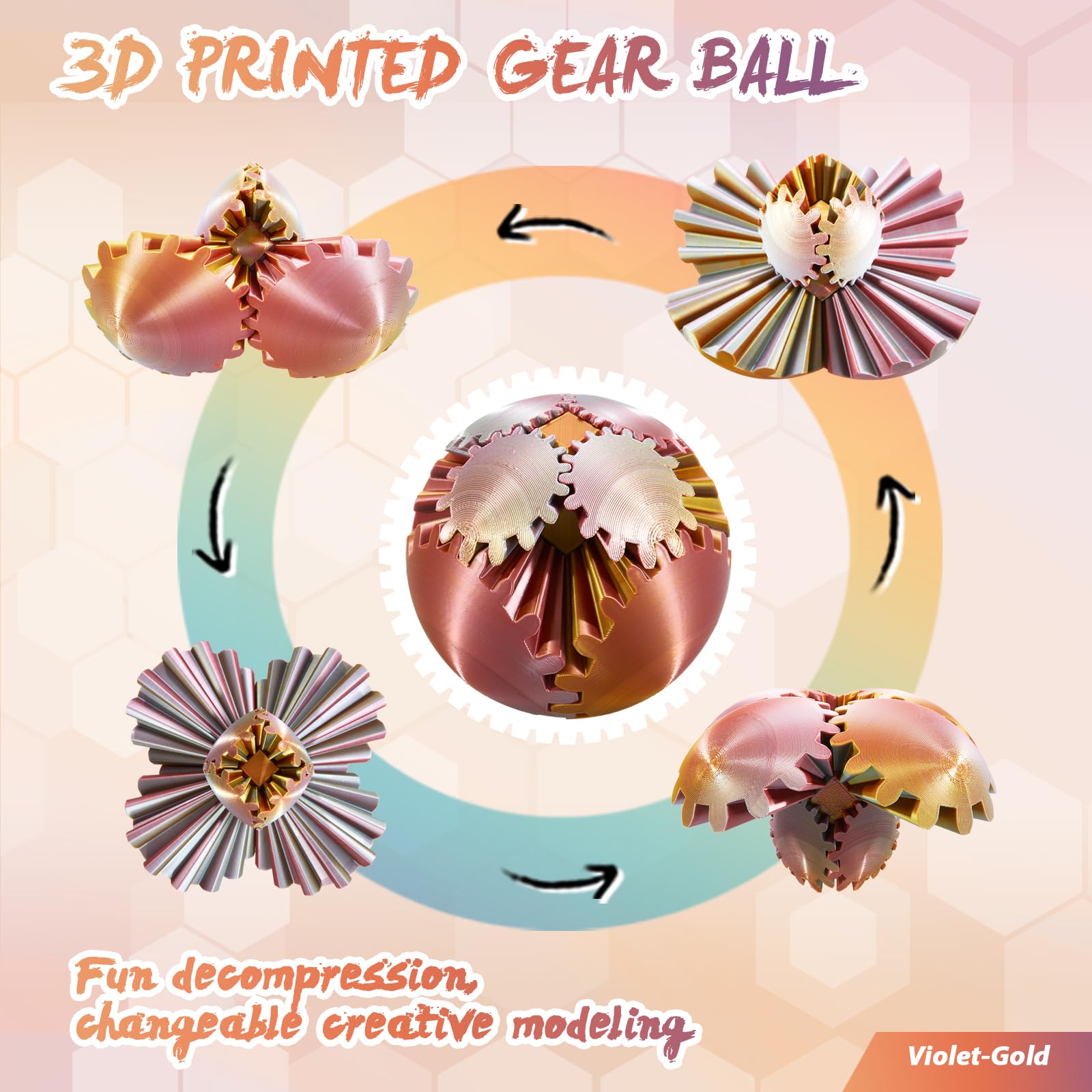 3D Printed Gear Ball - Steampunk Fidget Toy for Adults & Kids, Easter Basket Stuffers, Stress Relief Spin Ball Cube - Perfect for Office, Classroom & Travel