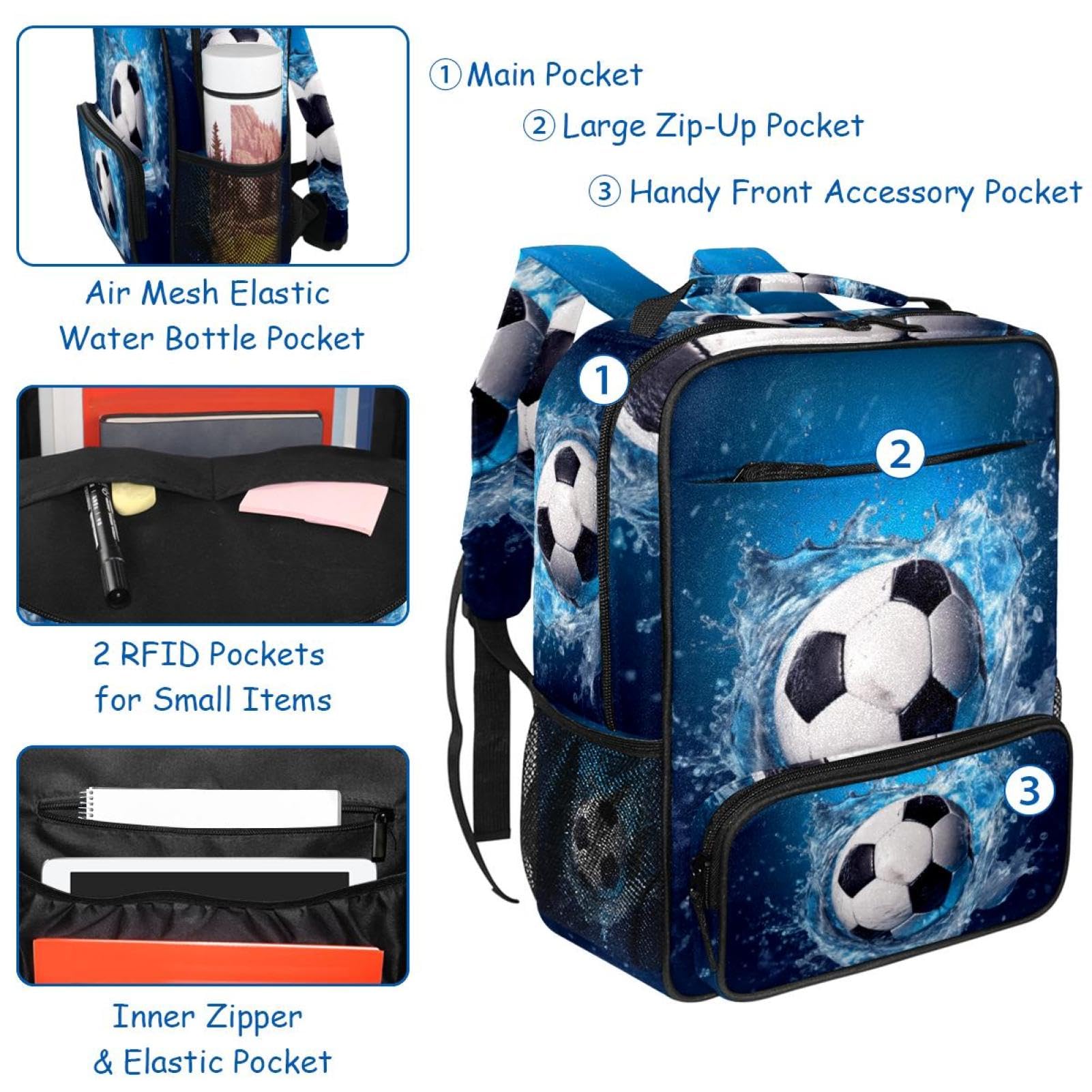 Men's & Women's Travel Backpack - Durable Blue Ocean Football Water Resistant Backpack for Hiking, Camping & Outdoor Adventures