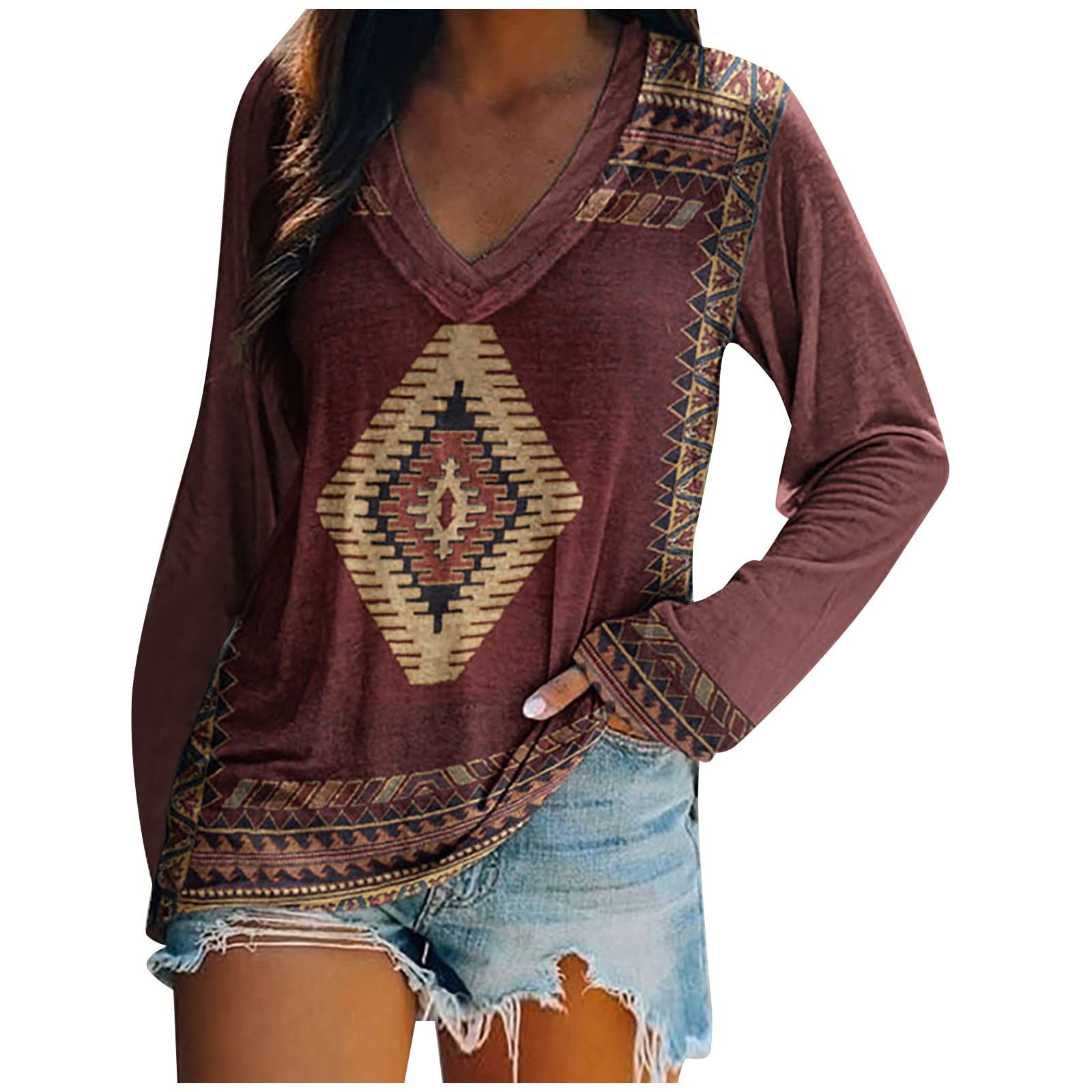 FMCHICO Women's Velvet Long Sleeve V-Neck Tunic Top - Soft Casual Printed Blouse for Fall & Winter, Perfect for Office Wear, Date Night and Holiday Outfits