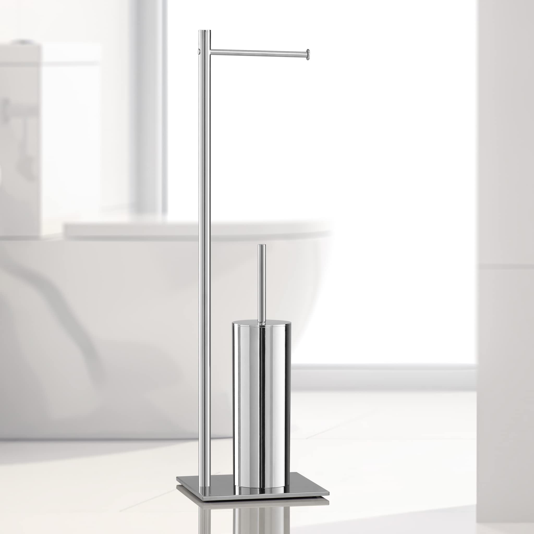 Stainless Steel Chrome Standing Toilet Paper Holder & Brush Stand - Bathroom Organizer for Modern Home Decor | Perfect for Small Spaces, Apartments & Guest Bathrooms
