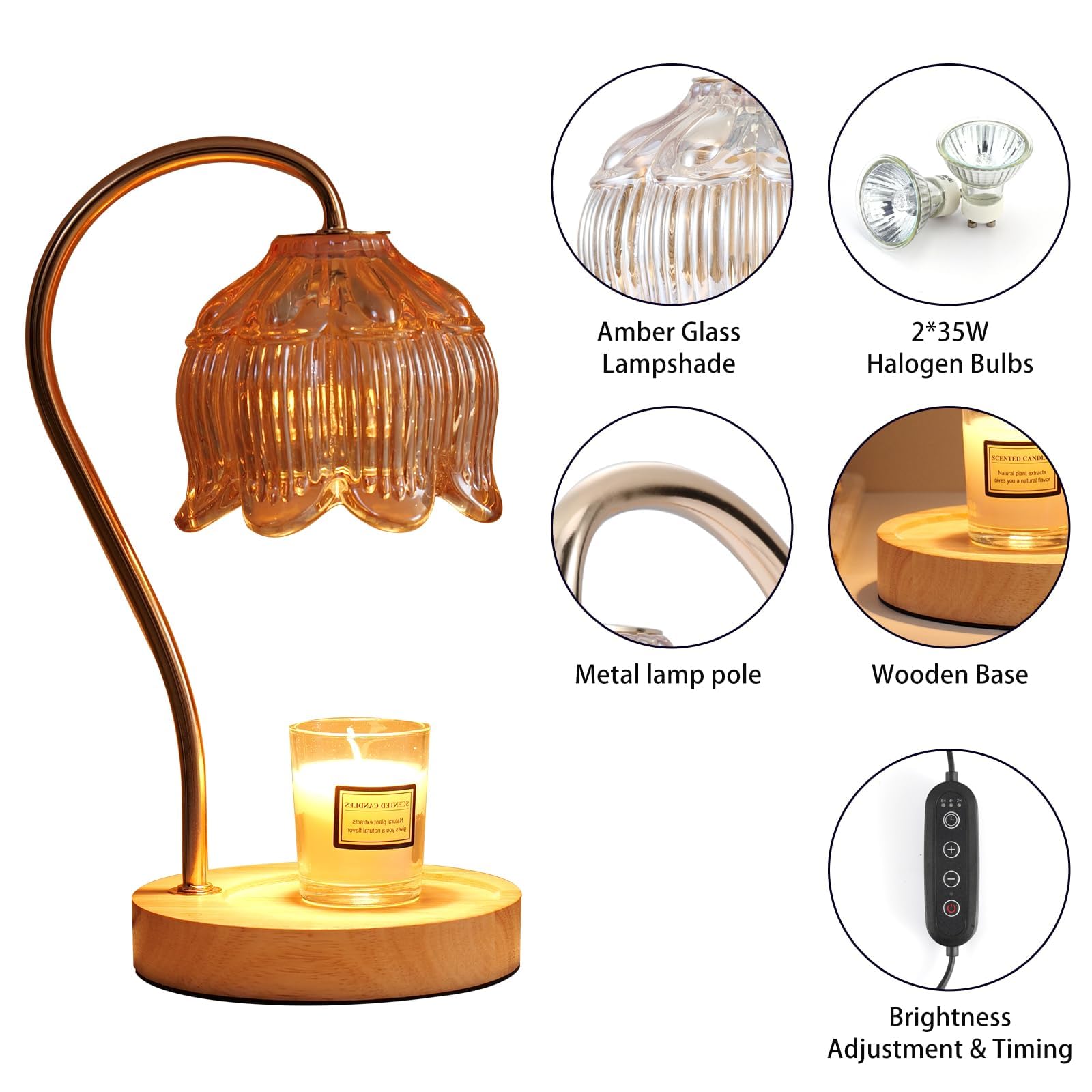 GEEZO Electric Candle Warmer Lamp with Timer & Dimmer - Wooden Base Wax Melt Warmer for Small & Large Jar Candles, 2 Bulbs Included - Perfect for Home Decor, Aromatherapy, and Creating Cozy Ambiance in Living Room, Bedroom, or Office