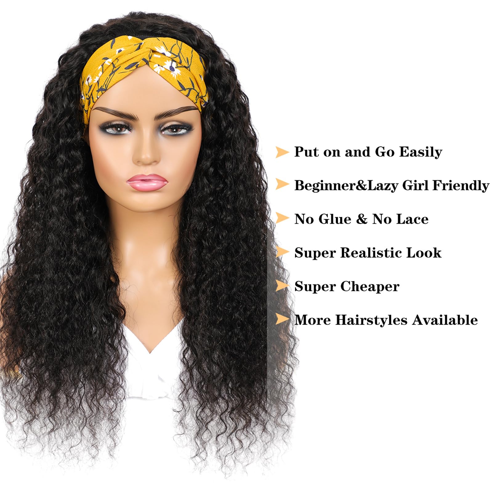 180% Density Brazilian Virgin Human Hair Deep Wave Headband Wig for Black Women - Glueless Machine Made None Lace Front Wig with Deep Curly Headband (28 Inch) | Perfect for Daily Wear, Parties & Special Occasions