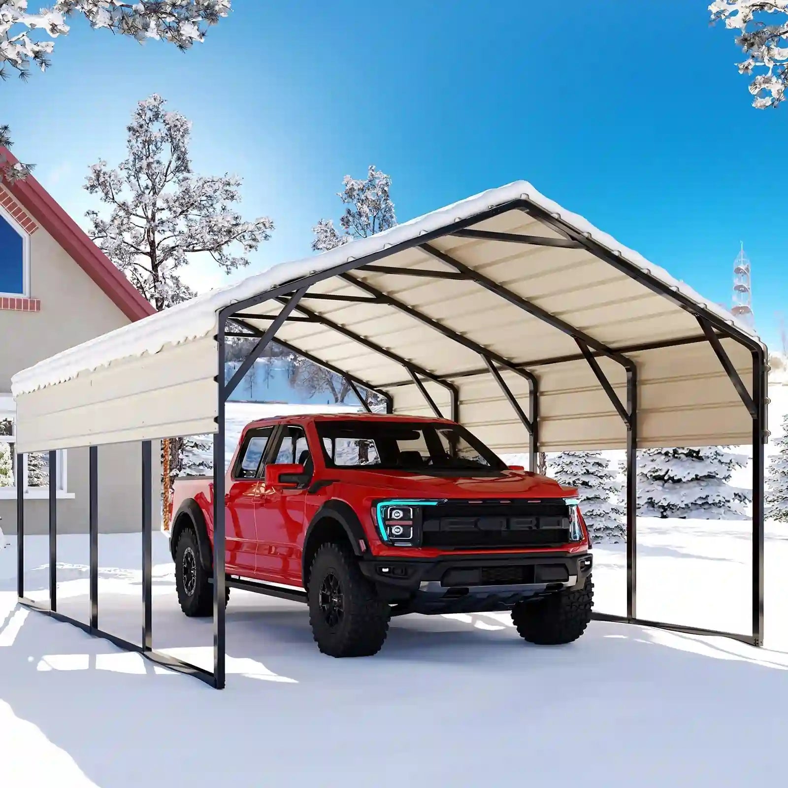 Heavy Duty Metal Roof Car Canopy - Black & White Waterproof Outdoor Shelter for Cars, Trucks, and RVs - Perfect for Parking, Camping, and Outdoor Events