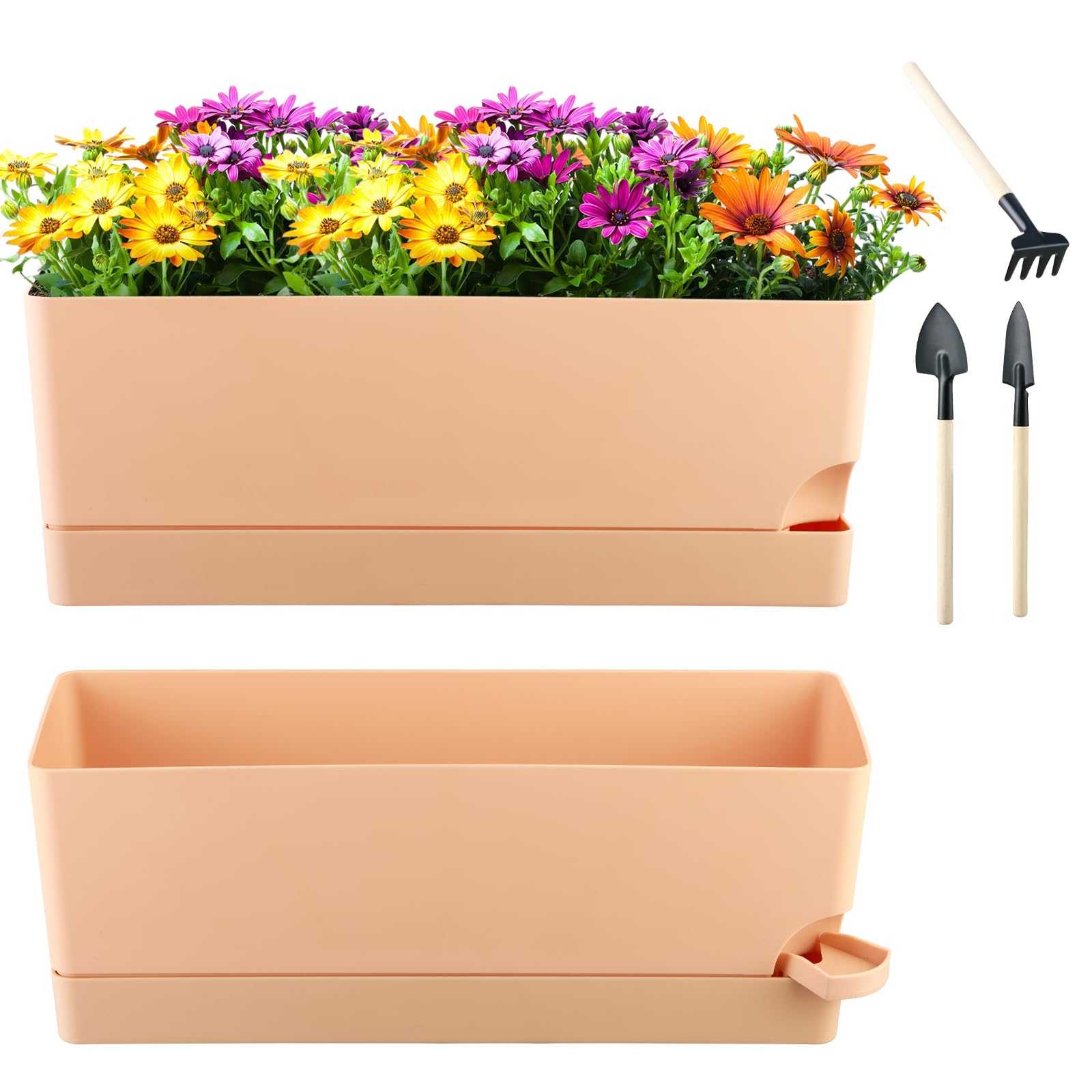 2 Pack Self Watering Planters - 17 Inch Large Rectangular Flower Pots with Drainage Holes & Saucers for Indoor Plants, Herbs, Succulents - Perfect Windowsill Planter Box for Kitchen, Balcony, Office (Orange)