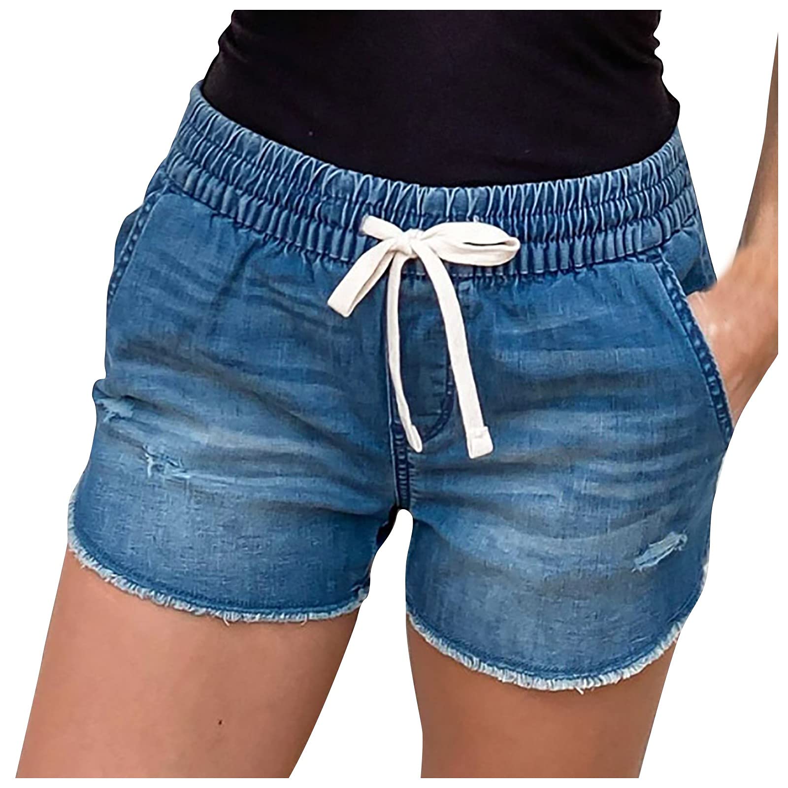 Women's Stretch Denim Shorts with Frayed Edge & Ripped Details - High Waist Summer Denim Shorts for Casual Outfits, Beach Vacations & Street Style