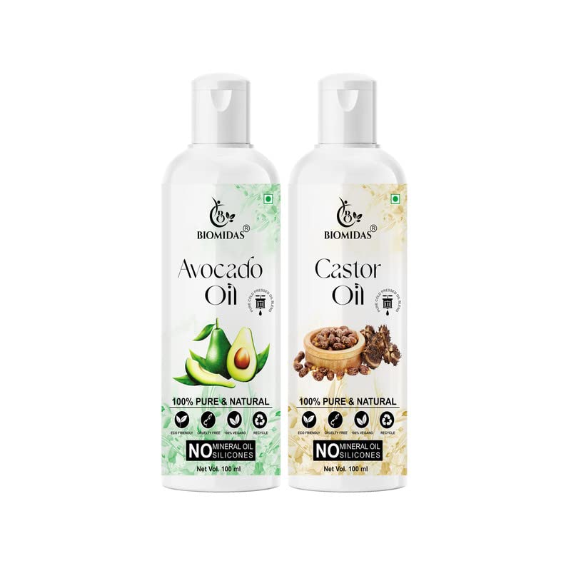 Biomidas 100% Pure Avocado Oil & Castor Oil Combo (100ML Each) - Promotes Hair Growth, Reduces Hair Fall, Repairs Split Ends for Soft & Shiny Hair - Natural Hair Care Treatment for Men & Women - Perfect for Daily Hair Routine & Scalp Massage