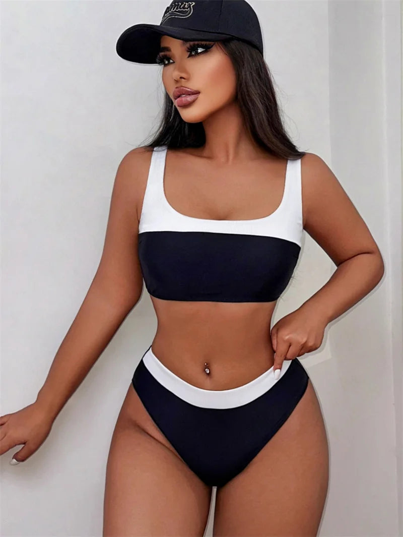 Sexy Black Patchwork Bandeau Bikini Set - Mid Waist Brazilian Swimwear for Women 2024 | Beach Vacation, Pool Party & Summer Swimwear