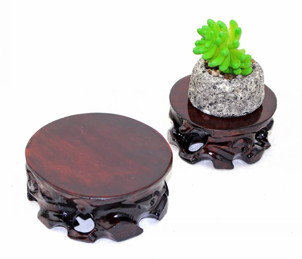 Solid Wood Rosewood Carved Vase Stand with Stone Base - 4.3 Inch Round Planter & Teapot Pedestal for Home Decor, Table Centerpiece, and Plant Display