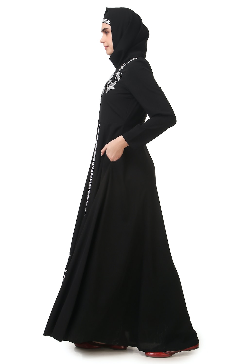 Elegant Black Abaya with White Embroidery - Traditional Anarkali Style Islamic Dress for Women - Perfect for Eid, Ramadan, Weddings & Special Occasions