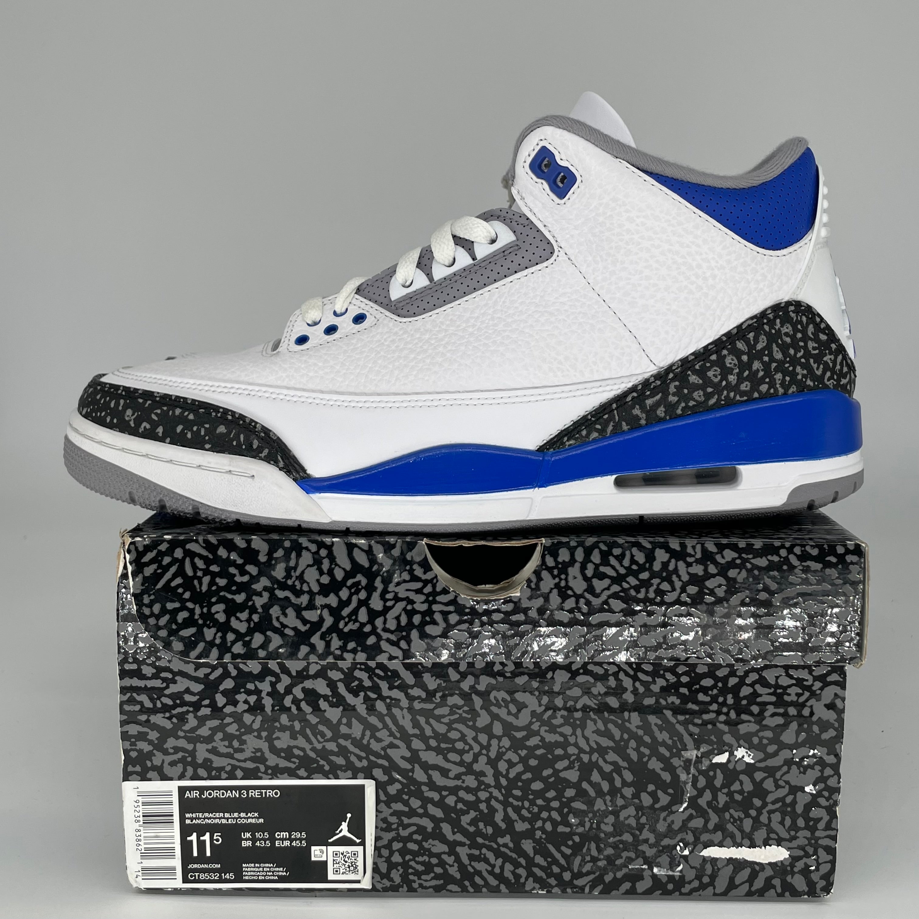 Original Air Jordan 3 Racer Blue Men's Basketball Shoes Size 11.5 (CT8532-145) - Retro Sneakers for Running, Gym & Streetwear Fashion