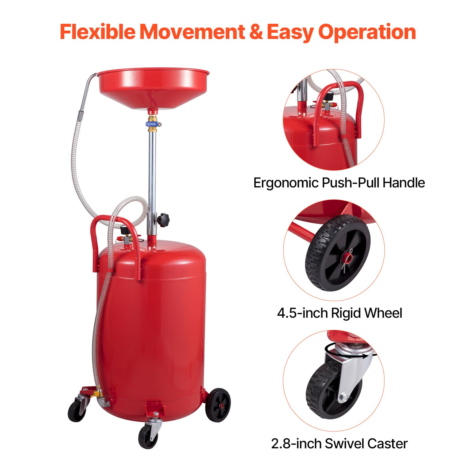 VEVOR 20-Gallon Portable Waste Oil Drain Tank - Air Operated Oil Drainer with Adjustable Funnel & Wheels for Auto Repair Shops, Garages - Ideal for Fluid Fuel Transfer, Oil Changes & Drainage in Professional Workshops