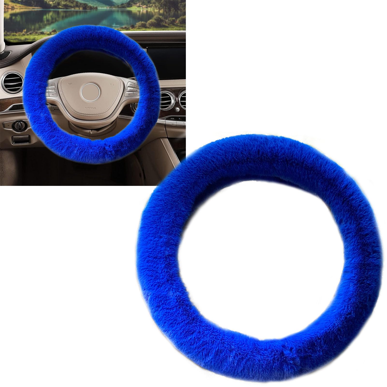 6pcs Fluffy Steering Wheel Cover Set for Women with Shoulder Straps, Faux Fur Keychain & Bling Car Coasters, Universal 15Inch Royal Blue Car Interior Decor for Winter Comfort & Stylish Driving
